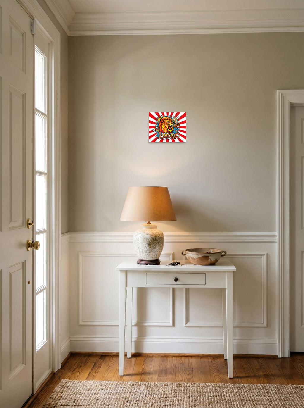 A 10x8 inch unframed paper Pop art print of 'Roar of the Circus' hanging in an entryway near a console.