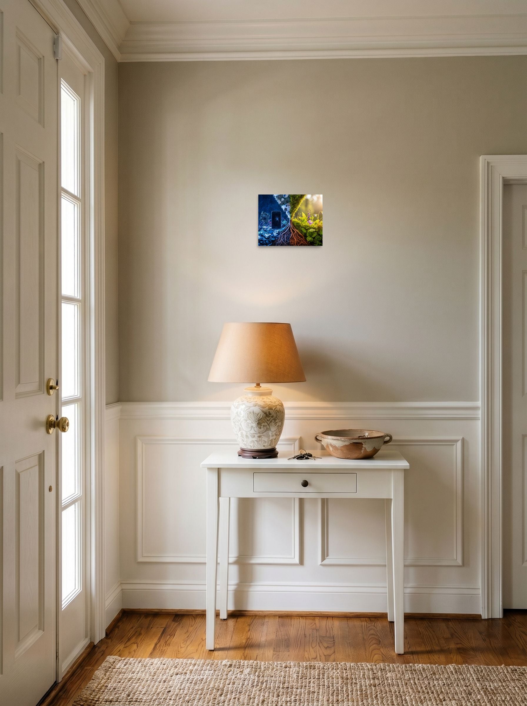 A 10x8 inch unframed paper Surrealism print of 'E-Waste Nature' hanging in an entryway near a console.