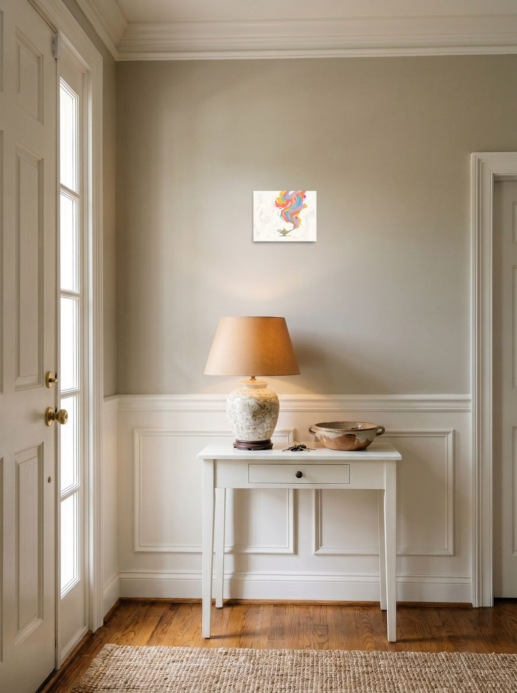 Abstract art wall art 'Genie's Release', unframed paper at 10x8 inch, set against a bright entryway wall.