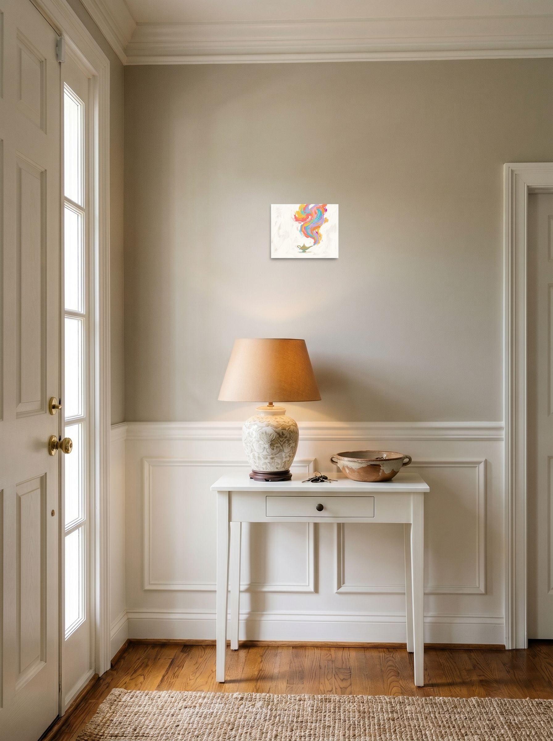 Abstract art wall art 'Genie's Release', unframed paper at 10x8 inch, set against a bright entryway wall.