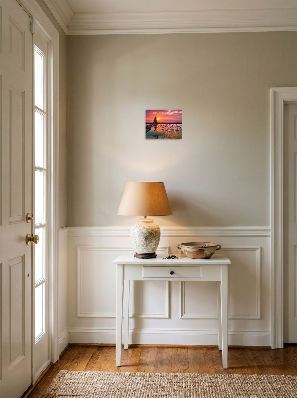 'Flamingos at Dusk', a Art photography print hanging in an entryway near a console. Shown as unframed paper, 10x8 inch.