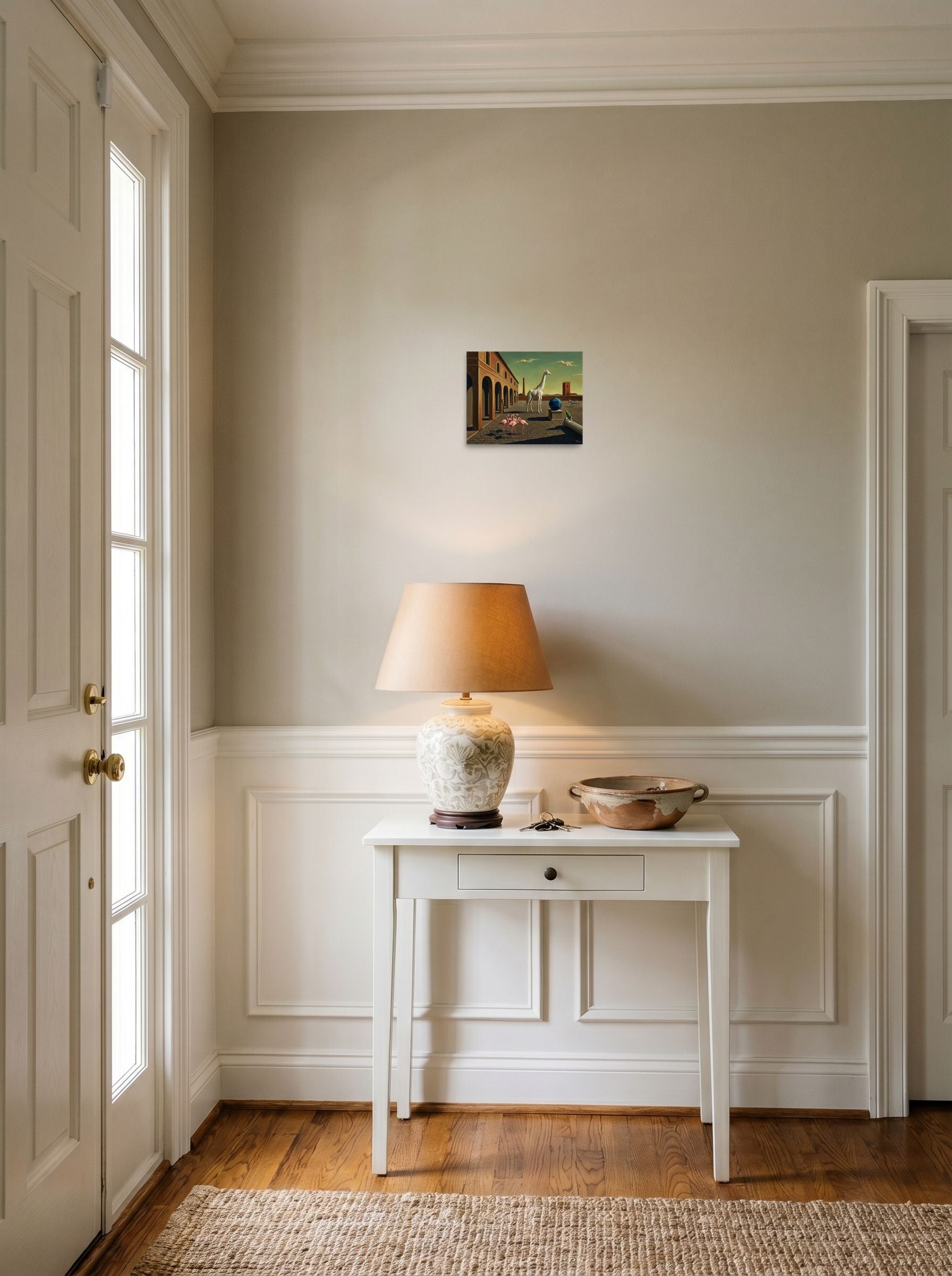 A 10x8 inch unframed paper Surrealism print of 'The Giraffe's Geometry' hanging in an entryway near a console.