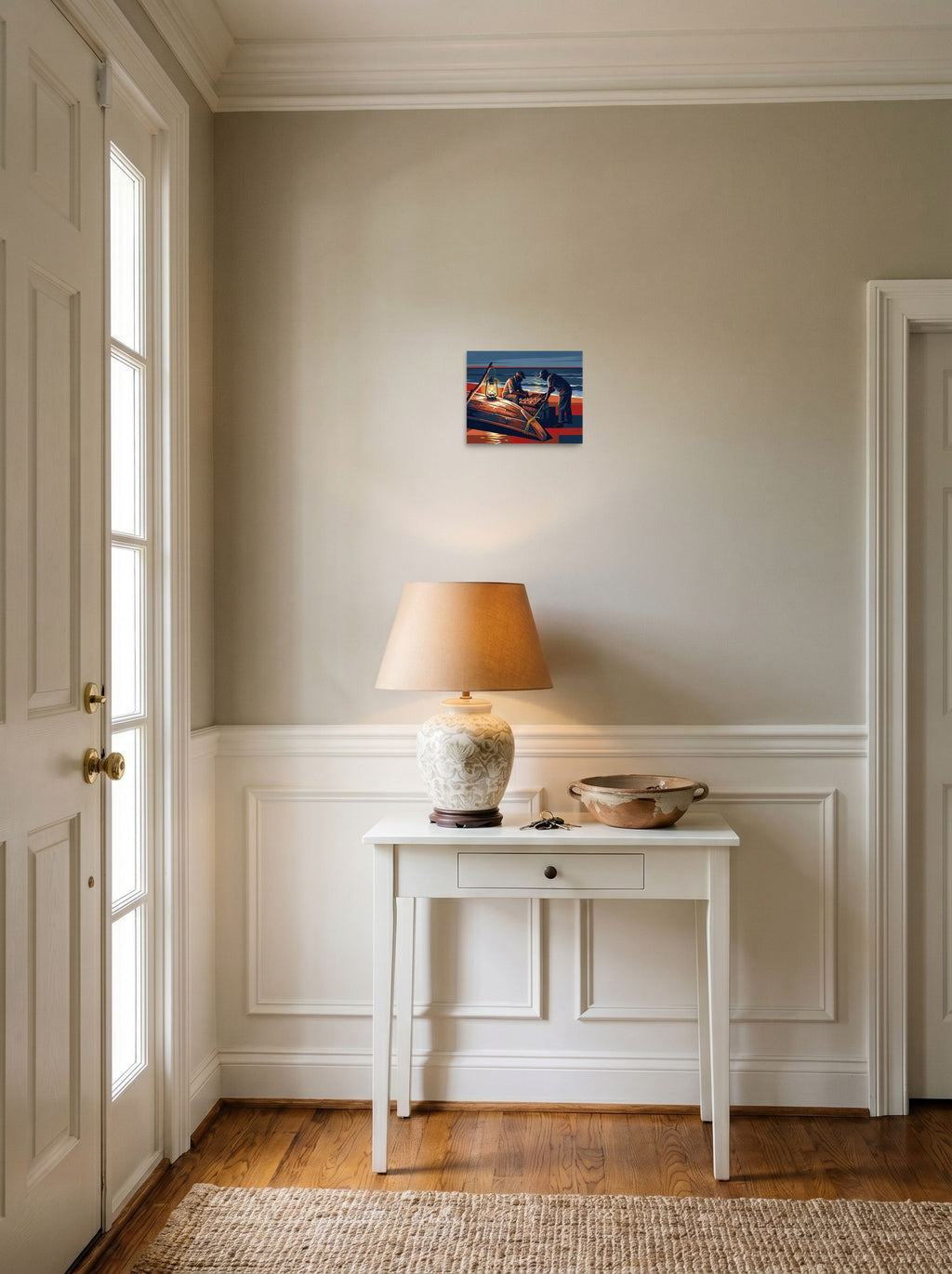 The unframed paper print 'Lanterns by the Tide' set against a bright entryway wall, shown at 10x8 inch.