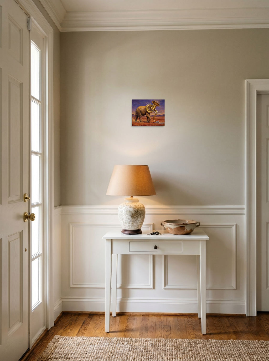 'The Savanna Sousaphone' styled above a console table in an entryway, printed as unframed paper at 10x8 inch.