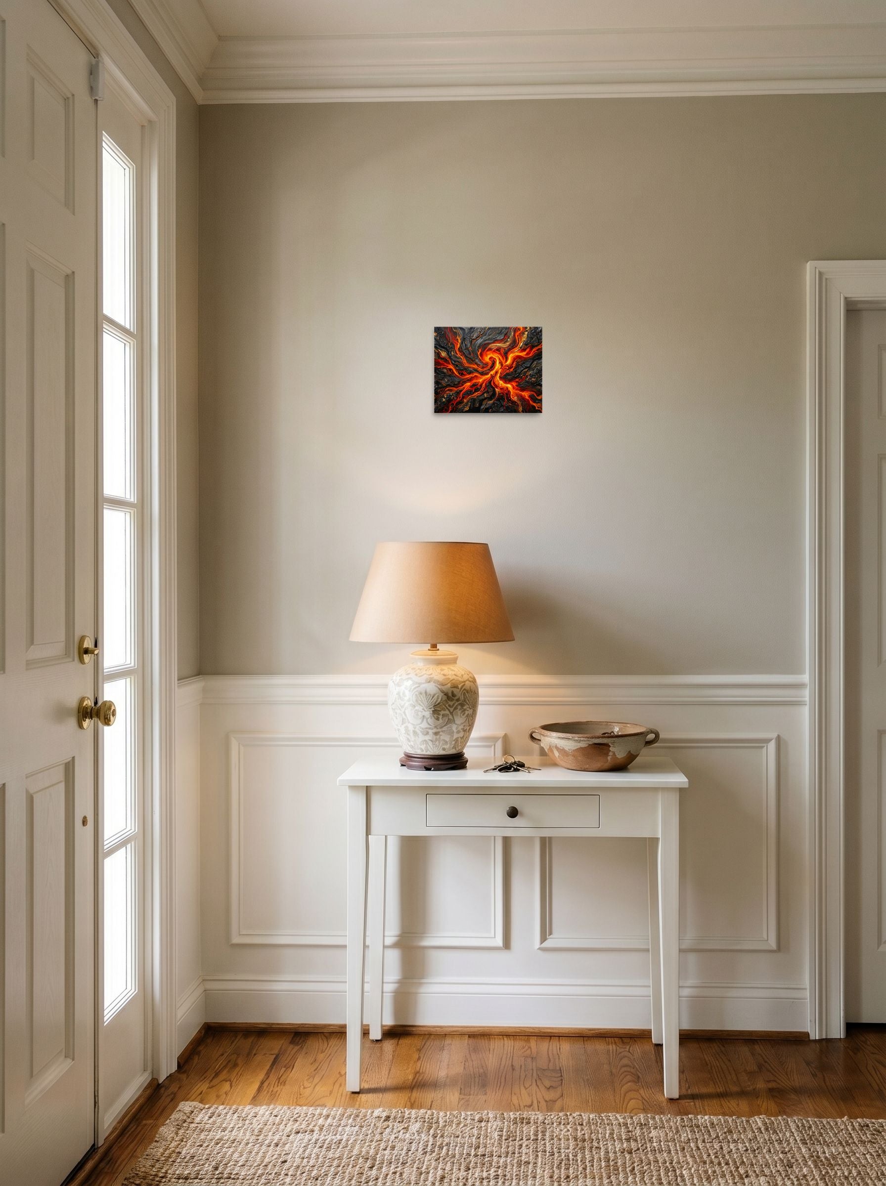A 10x8 inch unframed paper Abstract art print of 'Molten Core' hanging in an entryway near a console.