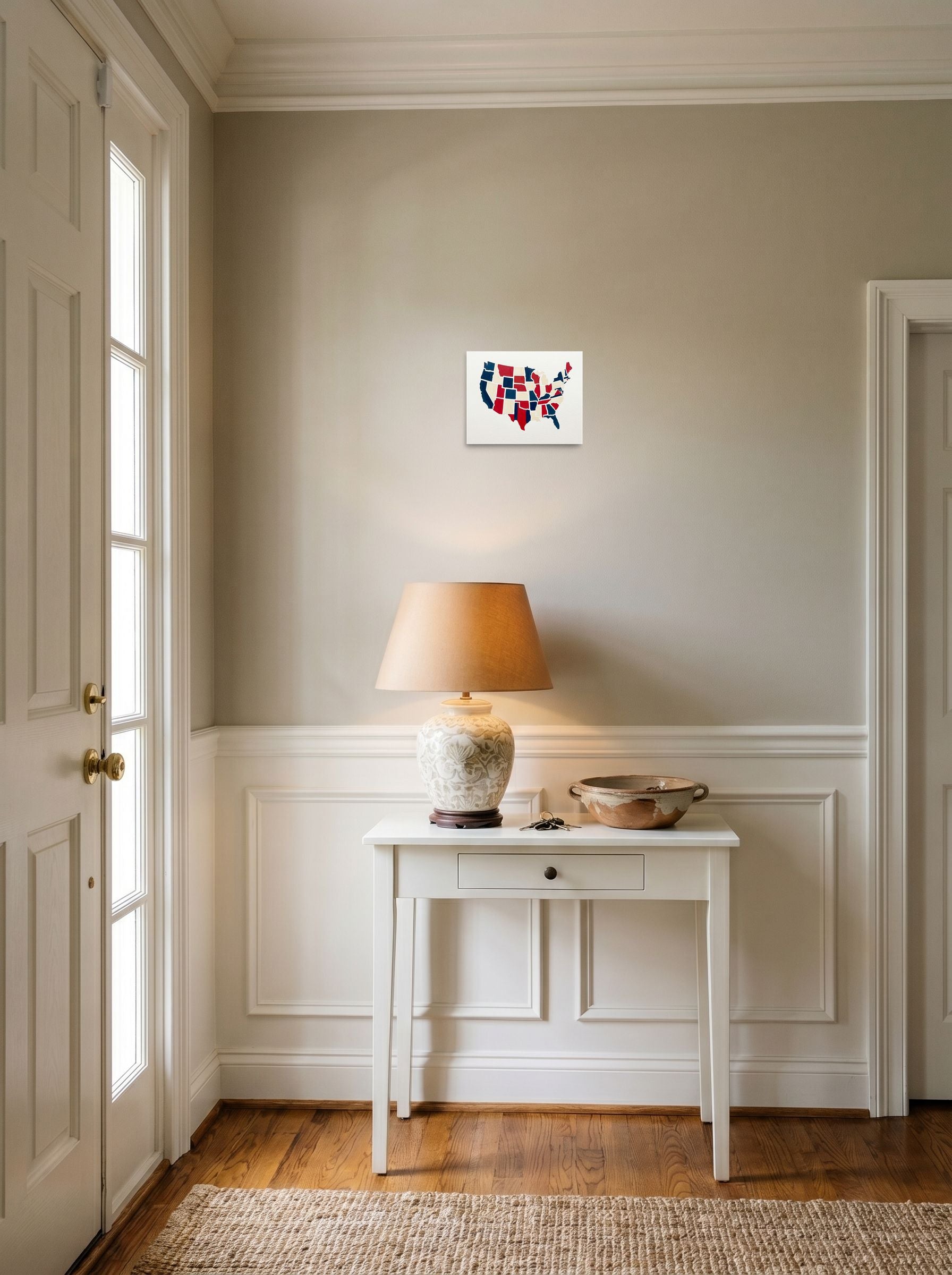 A 10x8 inch unframed paper Abstract art,Pop art print of 'The Patchwork States' hanging in an entryway near a console.