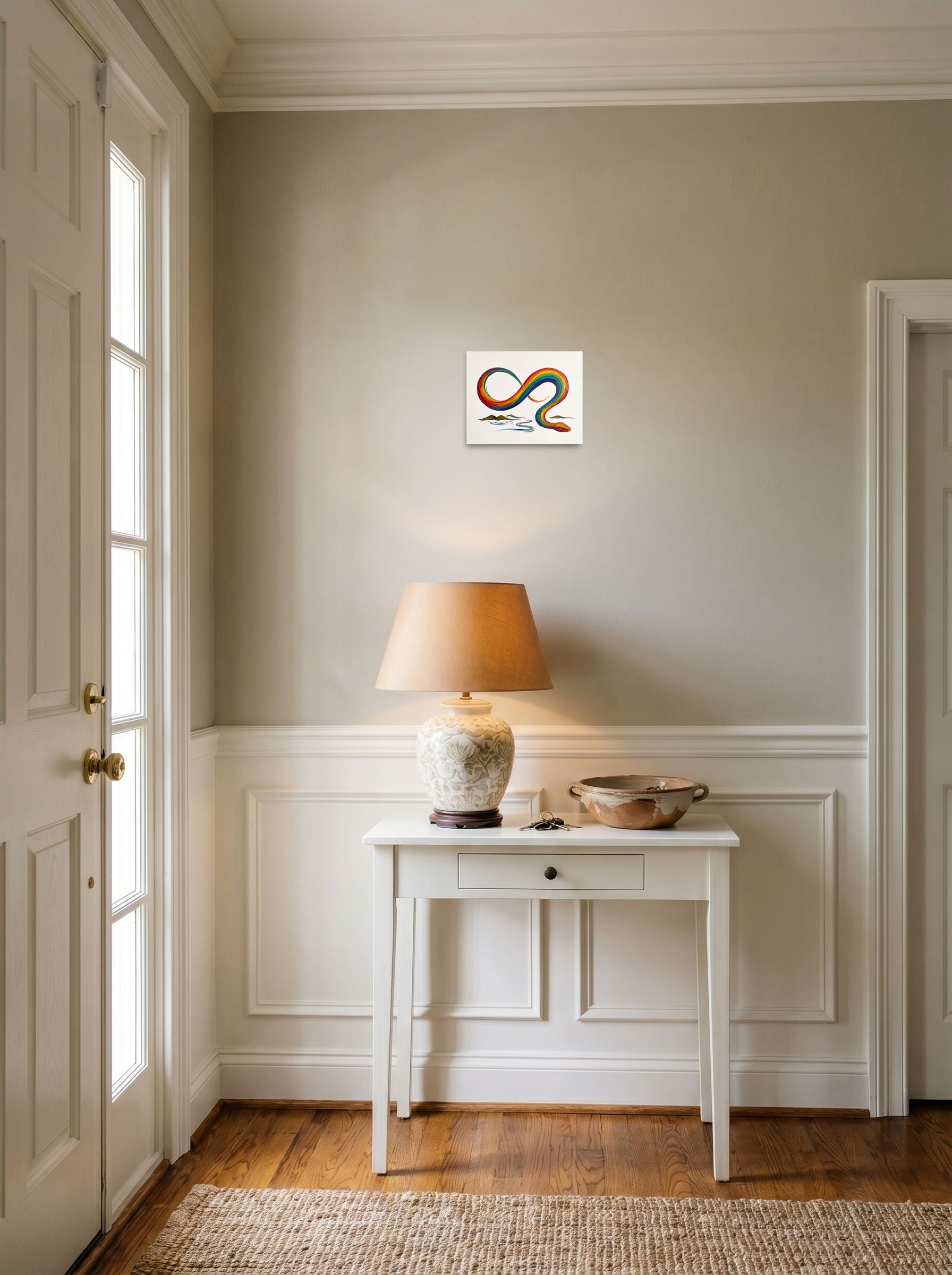 'Eternal Rainbow Serpent' as a unframed paper print, 10x8 inch, hanging in an entryway near a console.
