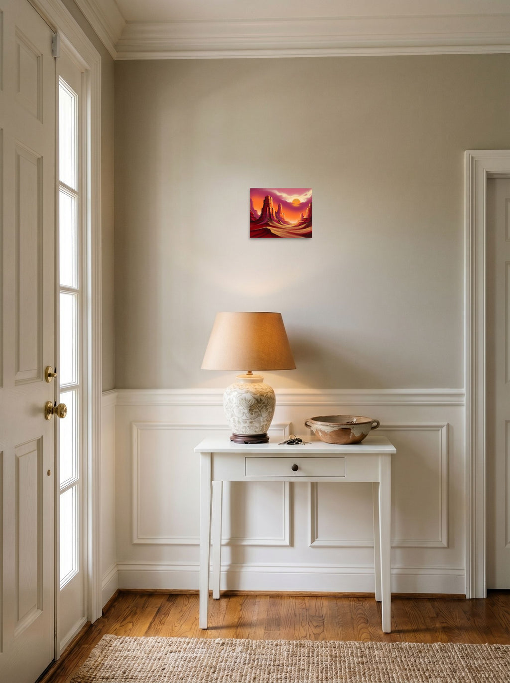 A 10x8 inch unframed paper Realism print of 'Crimson Canyons' hanging in an entryway near a console.