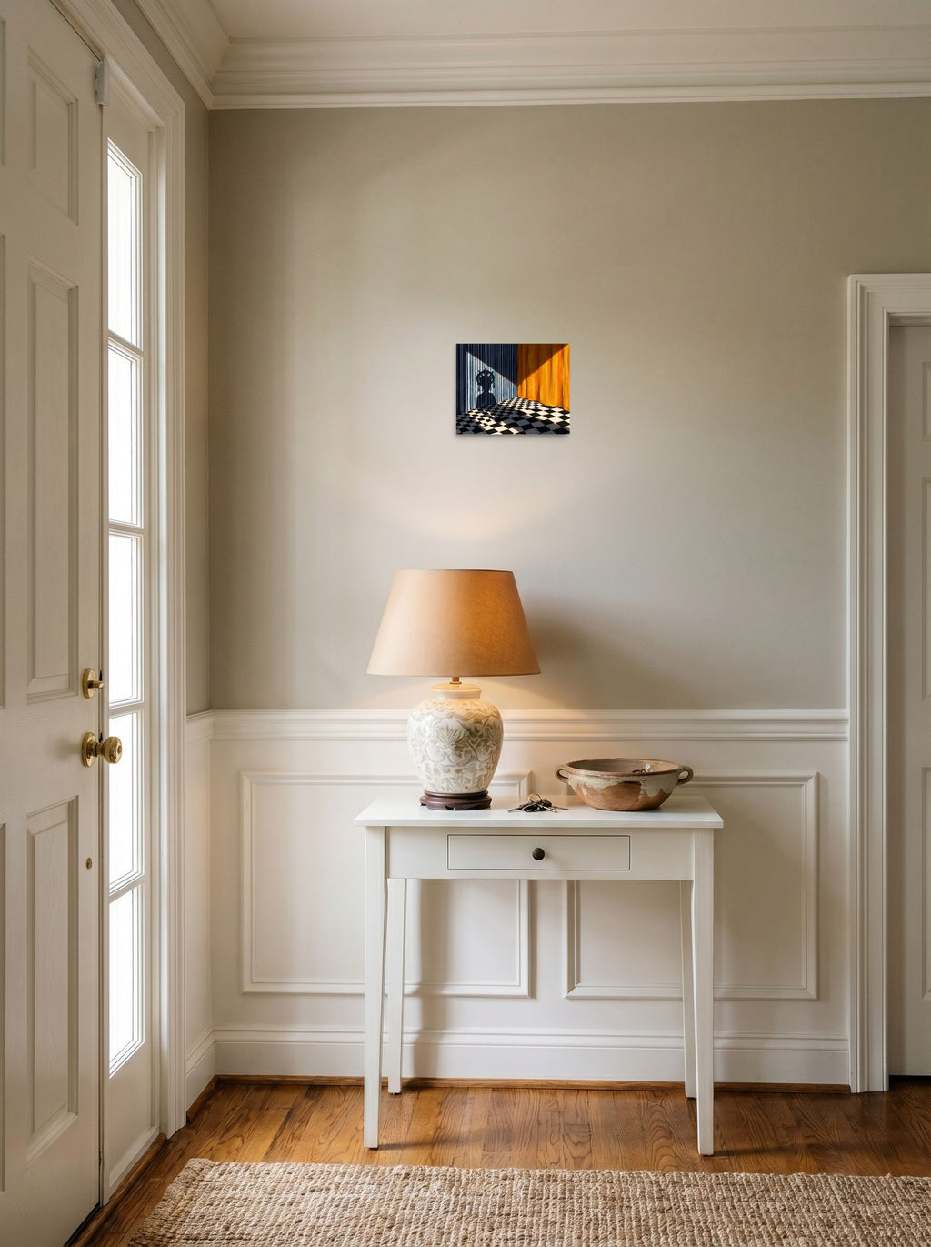 A 10x8 inch unframed paper Surrealism,Magic realism print of 'Crowned Silhouette' hanging in an entryway near a console.