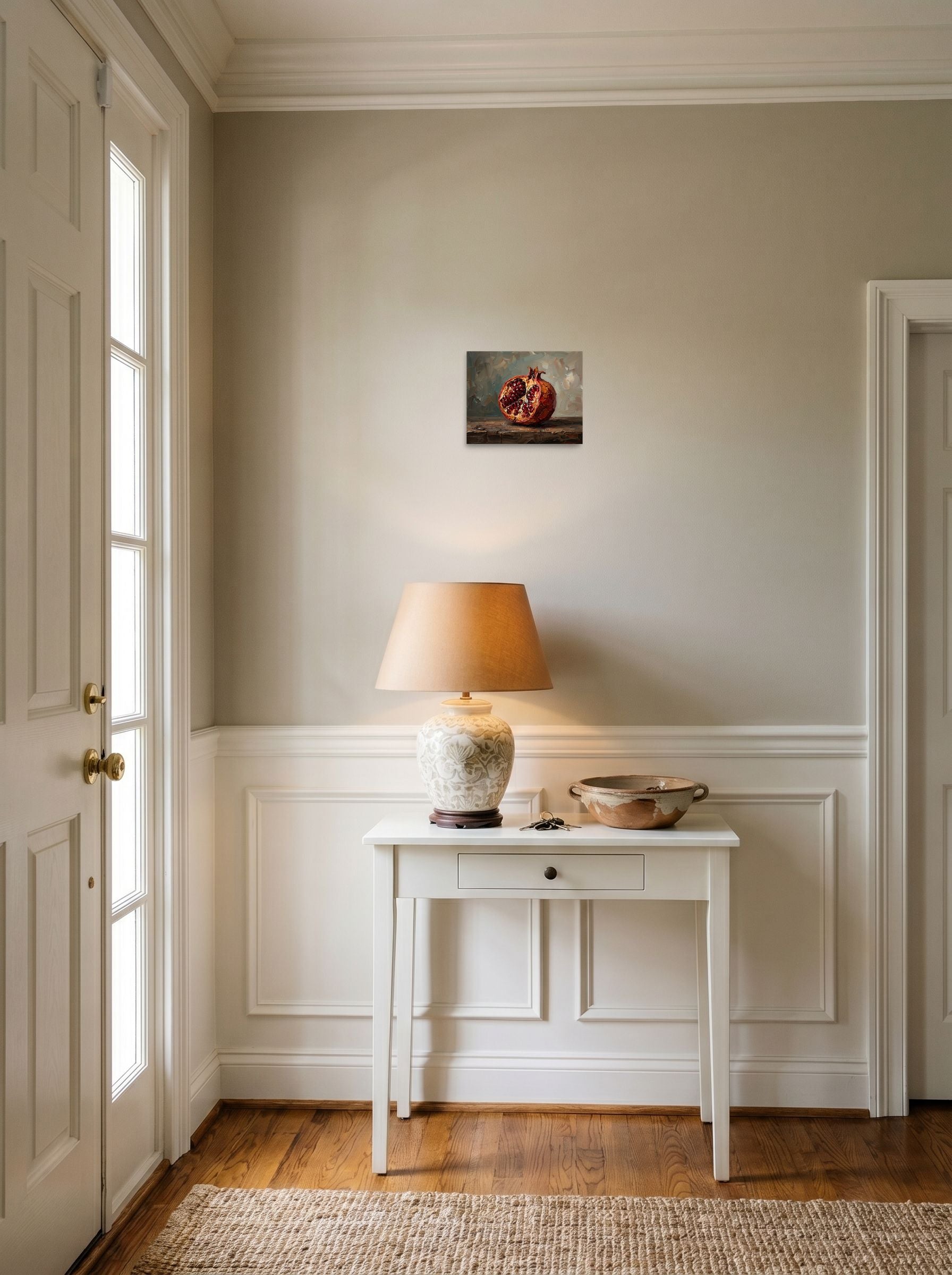 A 10x8 inch unframed paper Realism print of 'The Open Pomegranate' hanging in an entryway near a console.