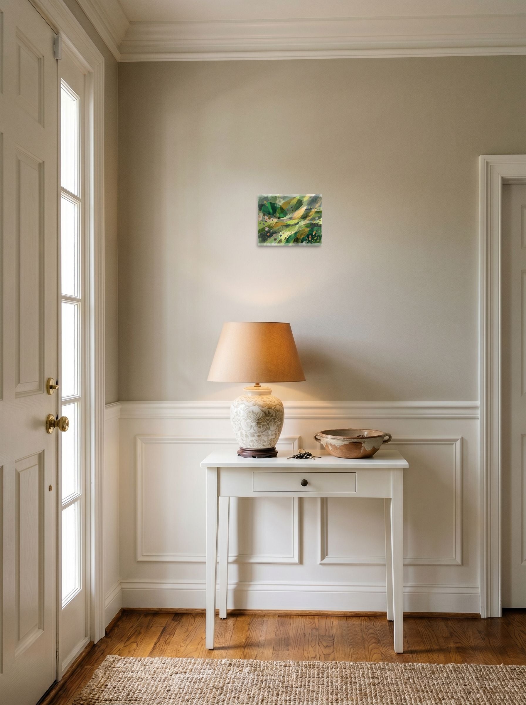 'Verdant Horizons' set against a bright entryway wall. A 10x8 inch unframed paper Dau-al-Set print.