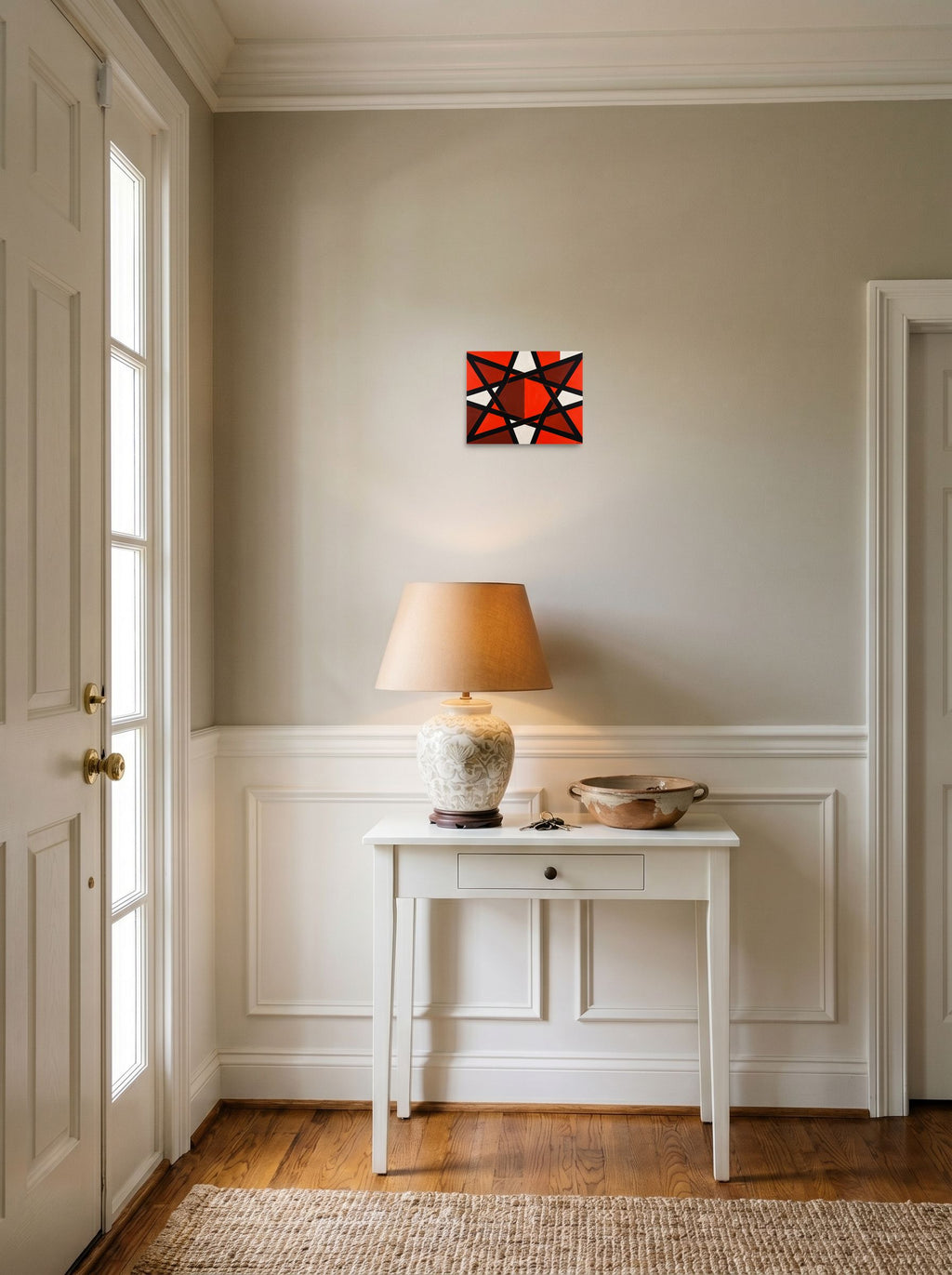 The unframed paper print 'Prismatic Intersect' hanging in an entryway near a console, shown at 10x8 inch.