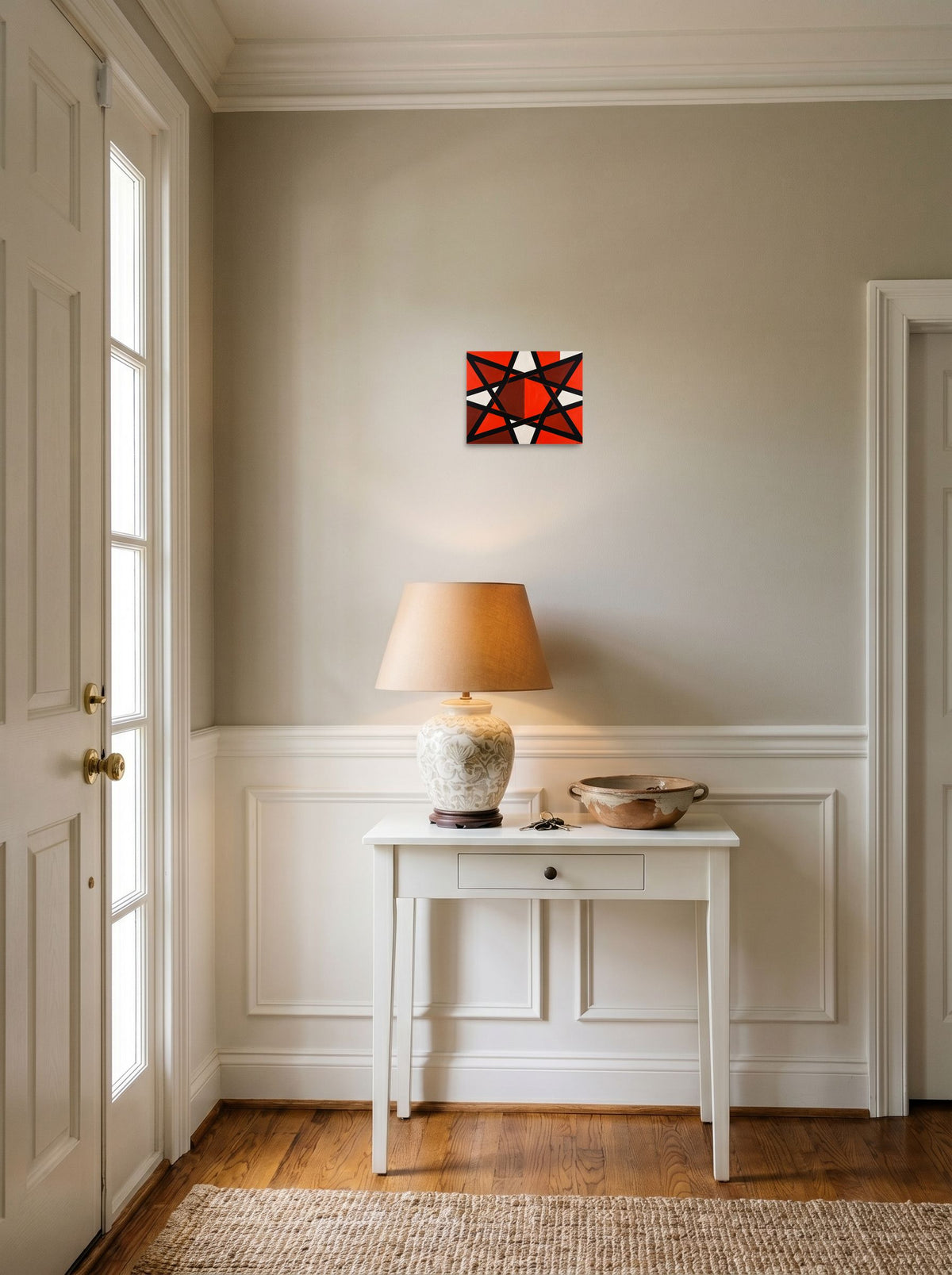 The unframed paper print 'Prismatic Intersect' hanging in an entryway near a console, shown at 10x8 inch.