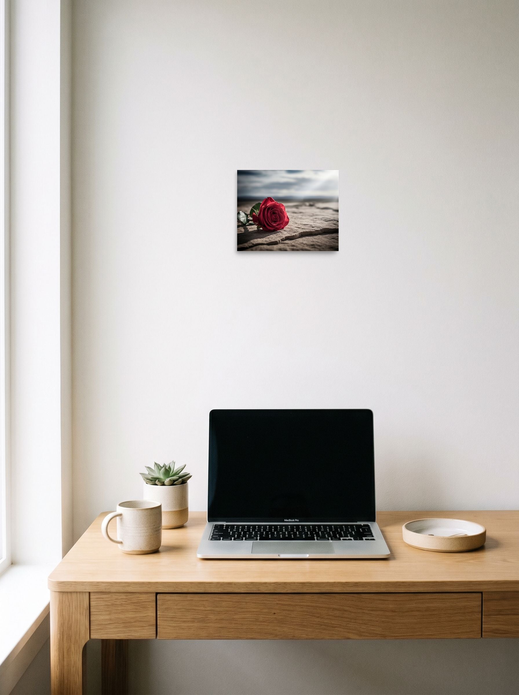 A 10x8 inch unframed paper Art photography print of 'Red Rose on Stone' hanging above a worktable with a laptop.