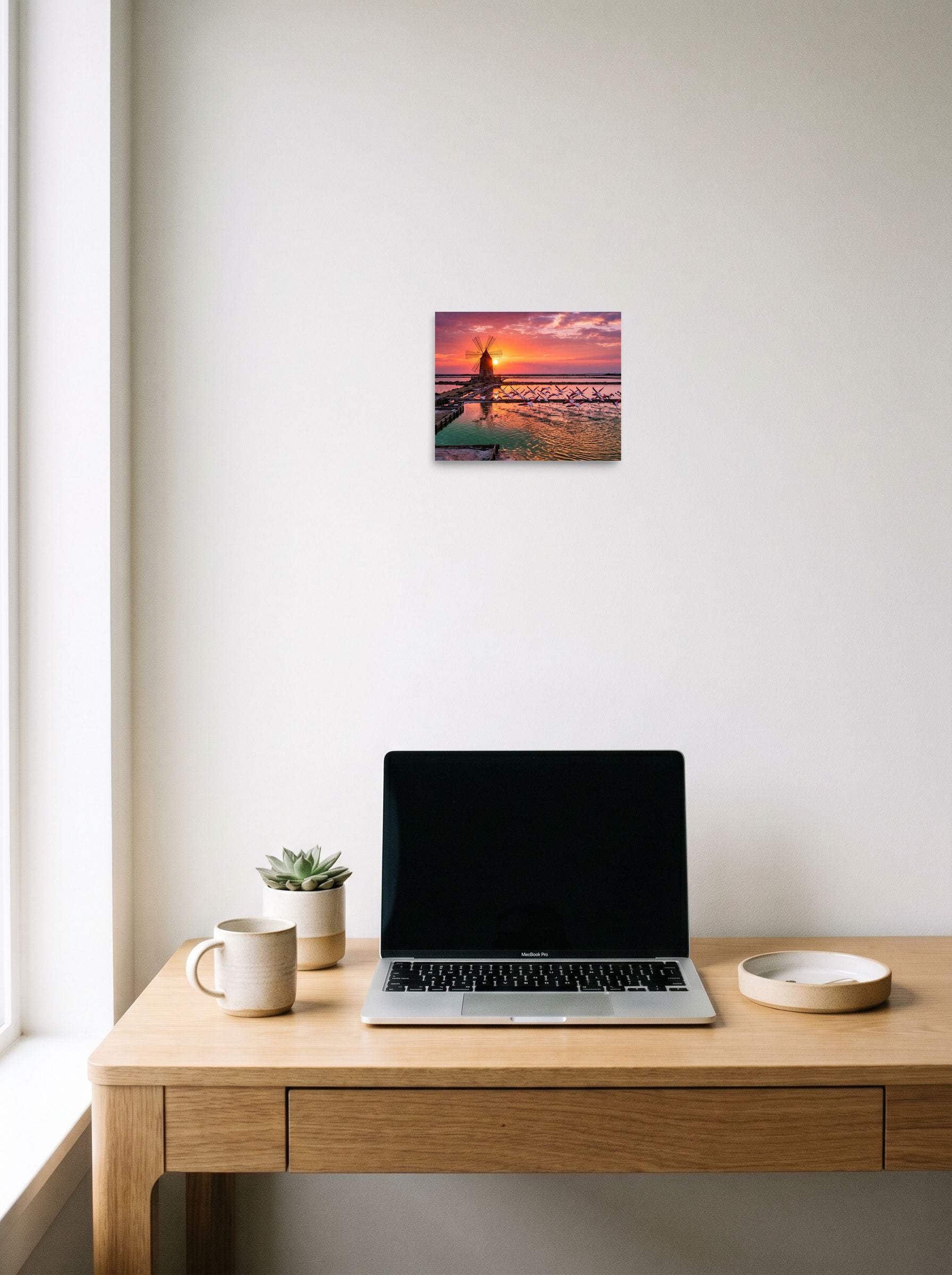 The unframed paper print 'Flamingos at Dusk' styled above a home-office workspace, shown at 10x8 inch.
