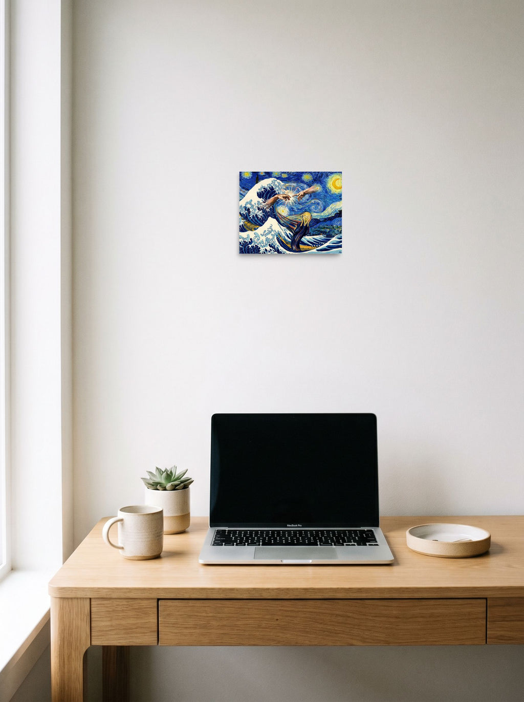 'Cosmic Collision of Masterpieces' as a unframed paper print, 10x8 inch, hanging above a worktable with a laptop.