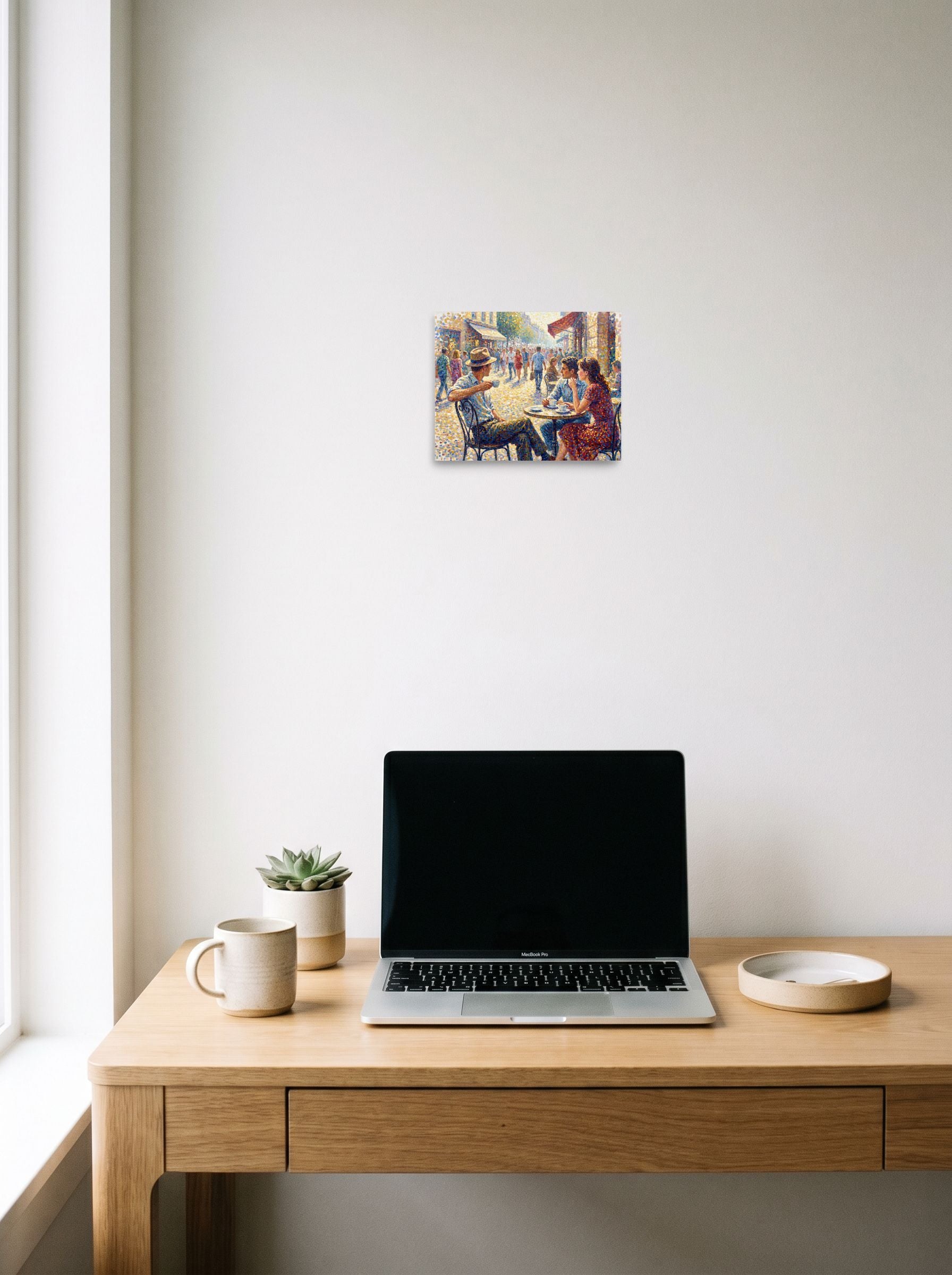 A unframed paper print of the Pointillism artwork 'Midday at the Bistro', hanging above a worktable with a laptop.