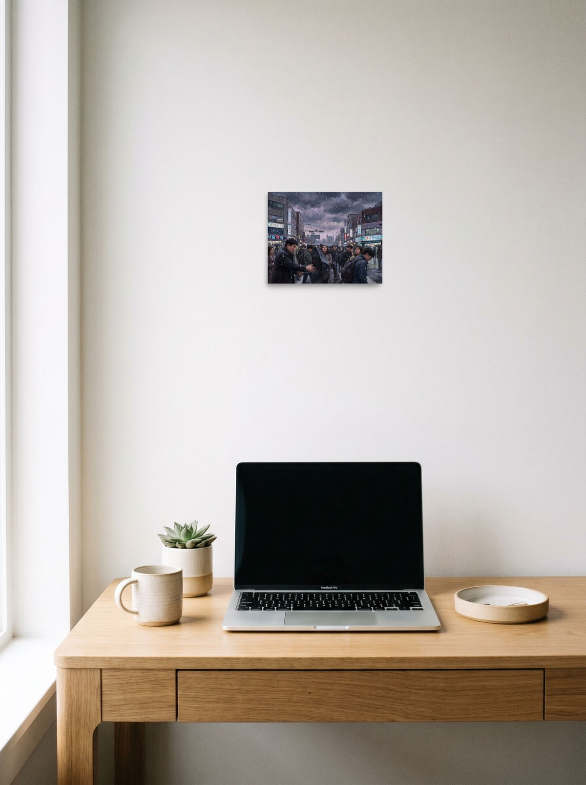 Mockup of 'Sudden Downpour in Seoul' as a 10x8 inch unframed paper print, displayed over a compact desk setup.