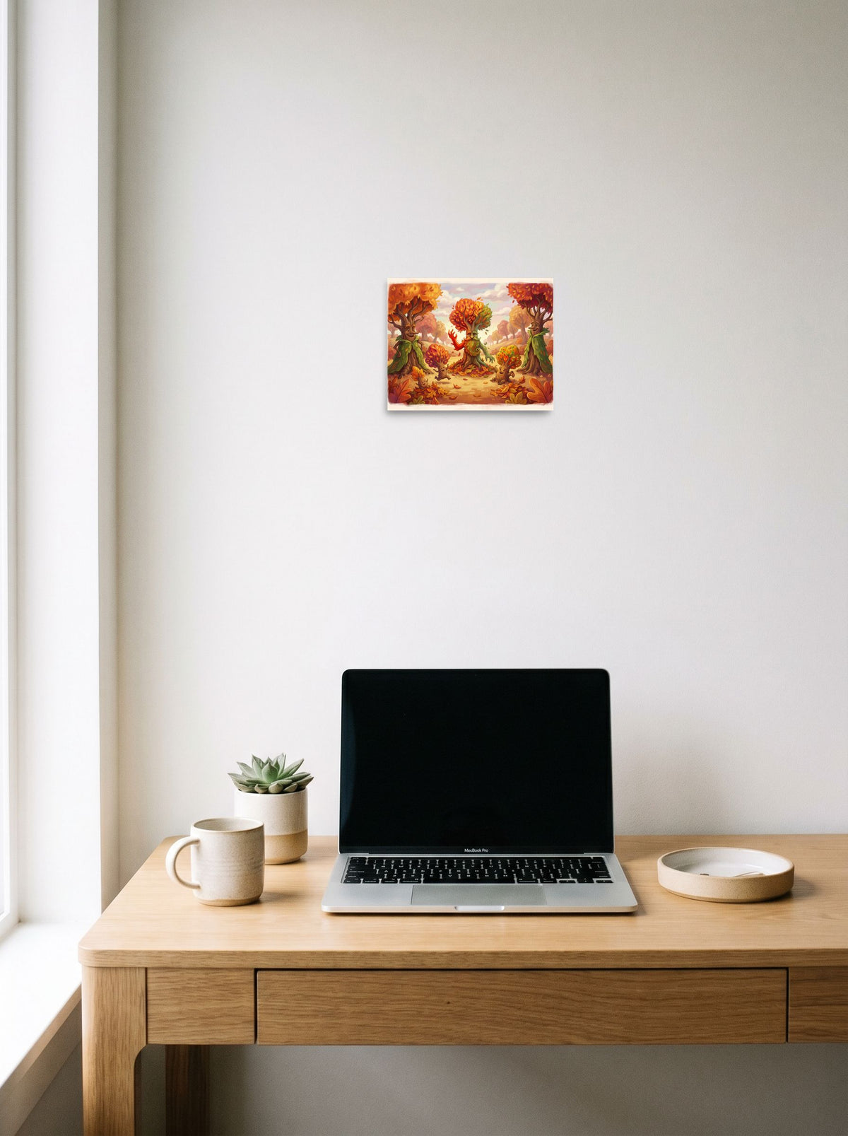 A 10x8 inch unframed paper Animation print of 'The Forest Elders', hanging above a worktable with a laptop.