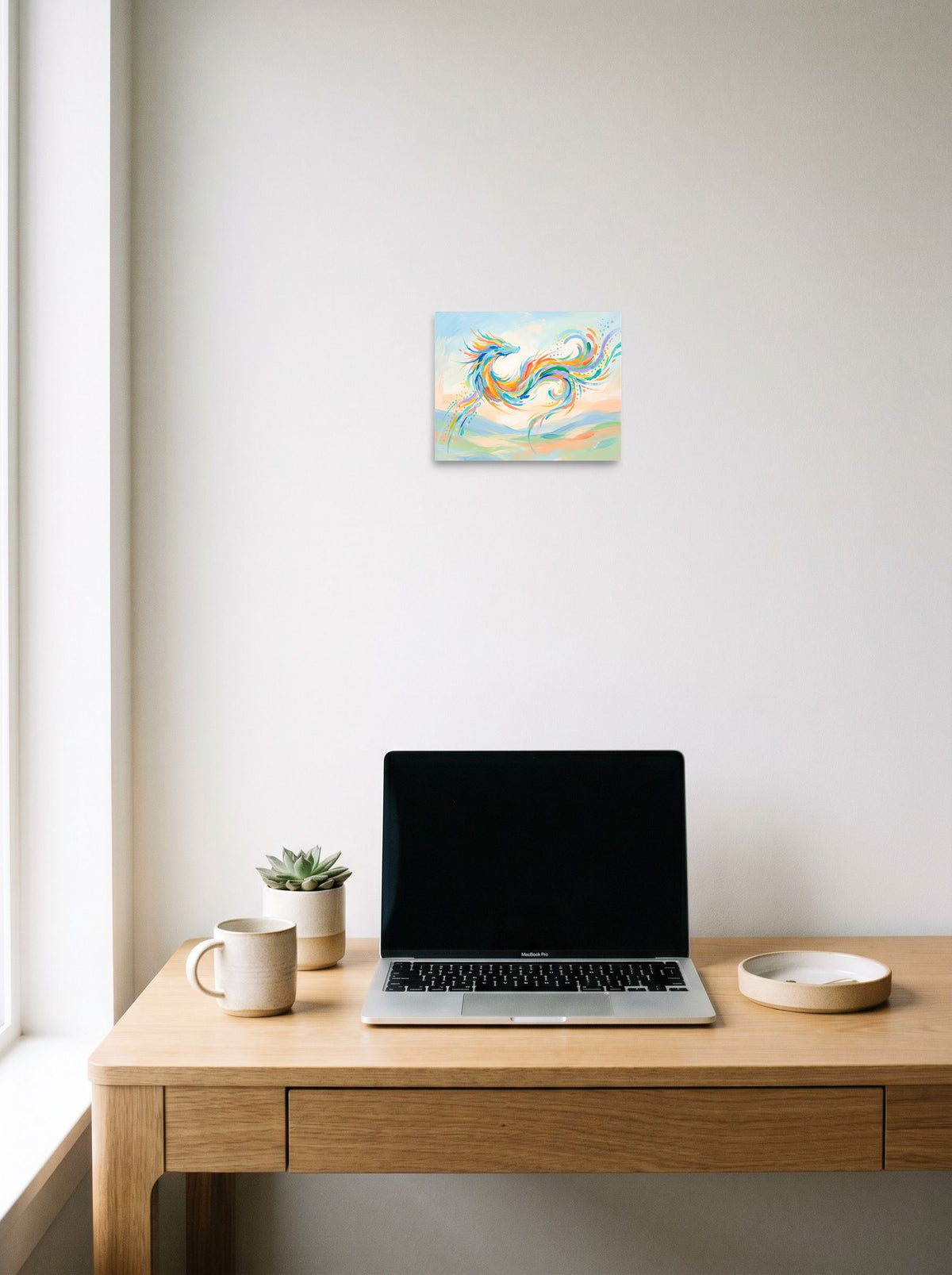 A 10x8 inch unframed paper Expressionism print of 'Celestial Dragon', displayed over a compact desk setup.