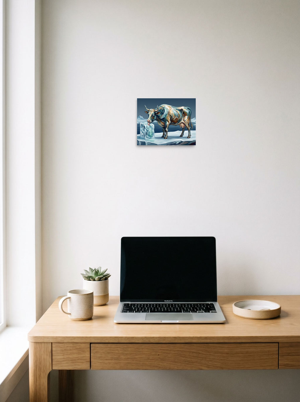 unframed paper wall art 'Primeval Audhumla' displayed over a compact desk setup, at 10x8 inch.