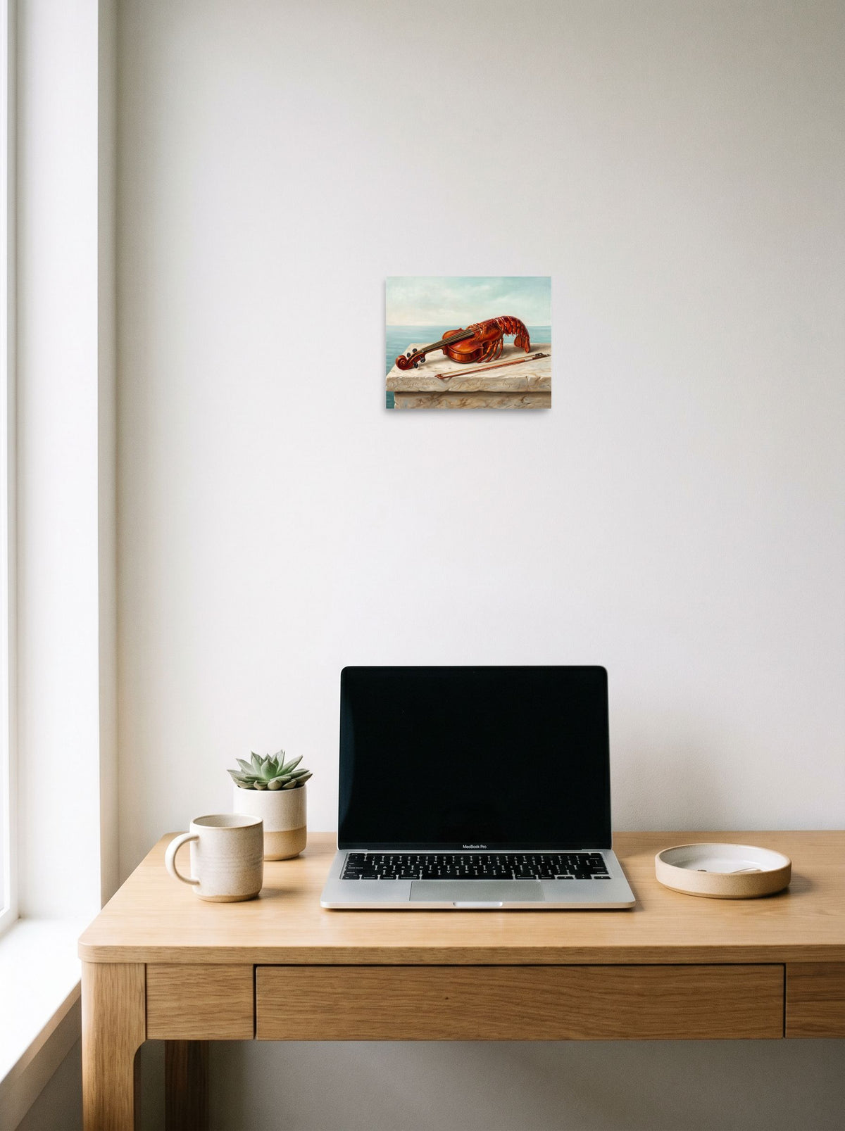 The unframed paper print 'Allegro Salato' styled above a home-office workspace, shown at 10x8 inch.