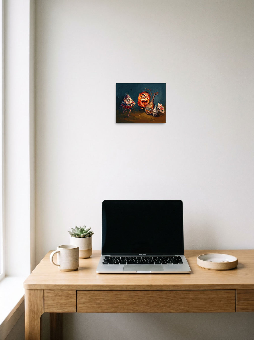 'Night of the Tsukumogami' styled above a home-office workspace. A 10x8 inch unframed paper Japanese art print.