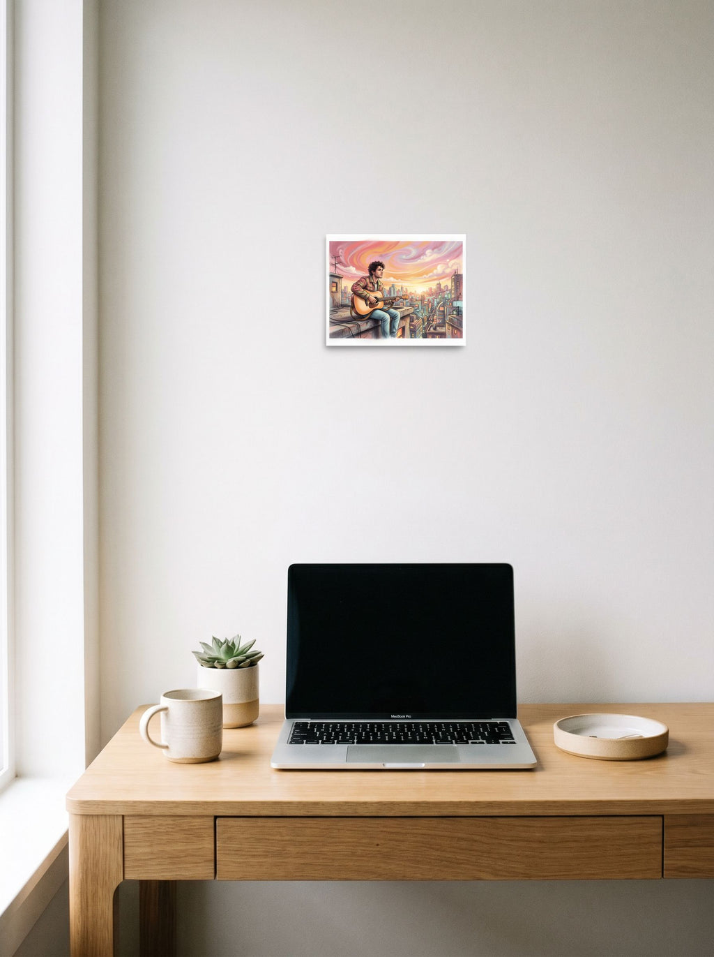 A 10x8 inch unframed paper American Scene Painting print of 'Rooftop Rhythms' hanging above a worktable with a laptop.