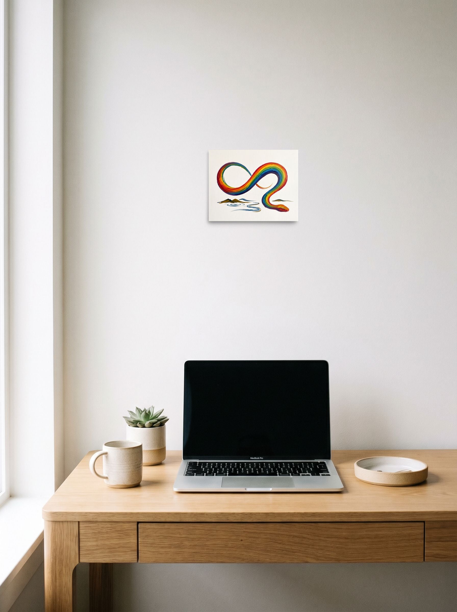 10x8 inch unframed paper print of 'Eternal Rainbow Serpent', displayed over a compact desk setup.
