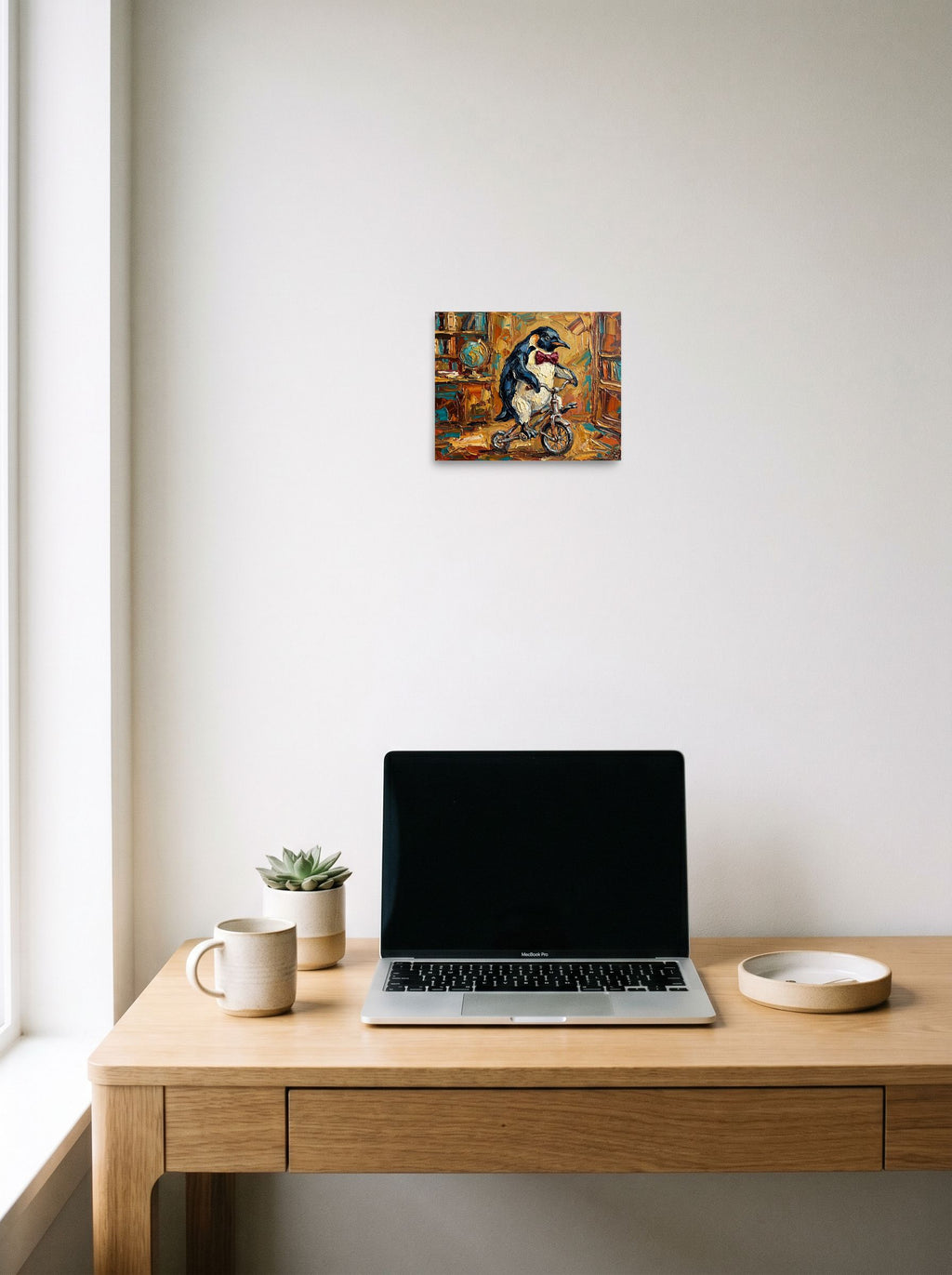 A 10x8 inch unframed paper Impressionism print of 'The Educated Penguin' hanging above a worktable with a laptop.