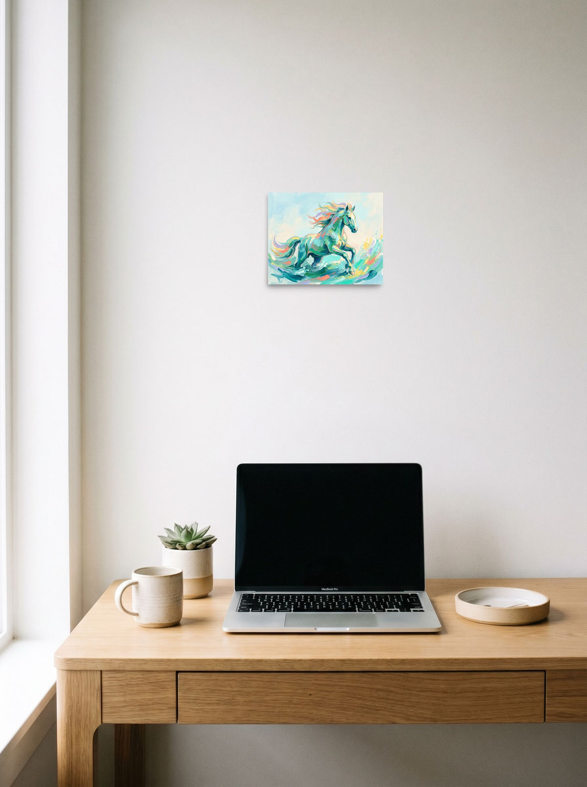 A 10x8 inch unframed paper version of 'Wave Runner', Impressionism wall art, displayed over a compact desk setup.