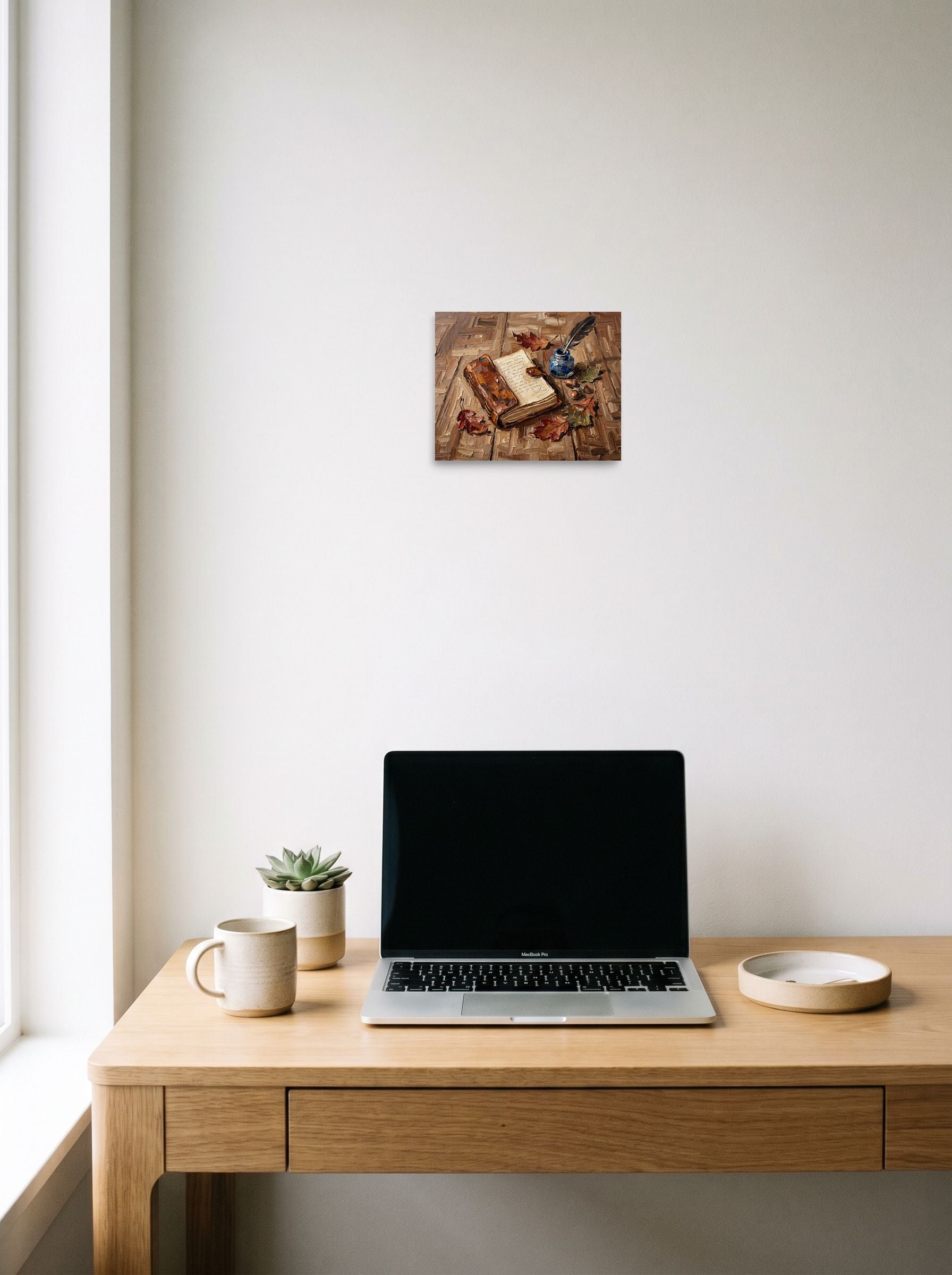A 10x8 inch unframed paper Impressionism print of 'Chronicles in Oak' hanging above a worktable with a laptop.