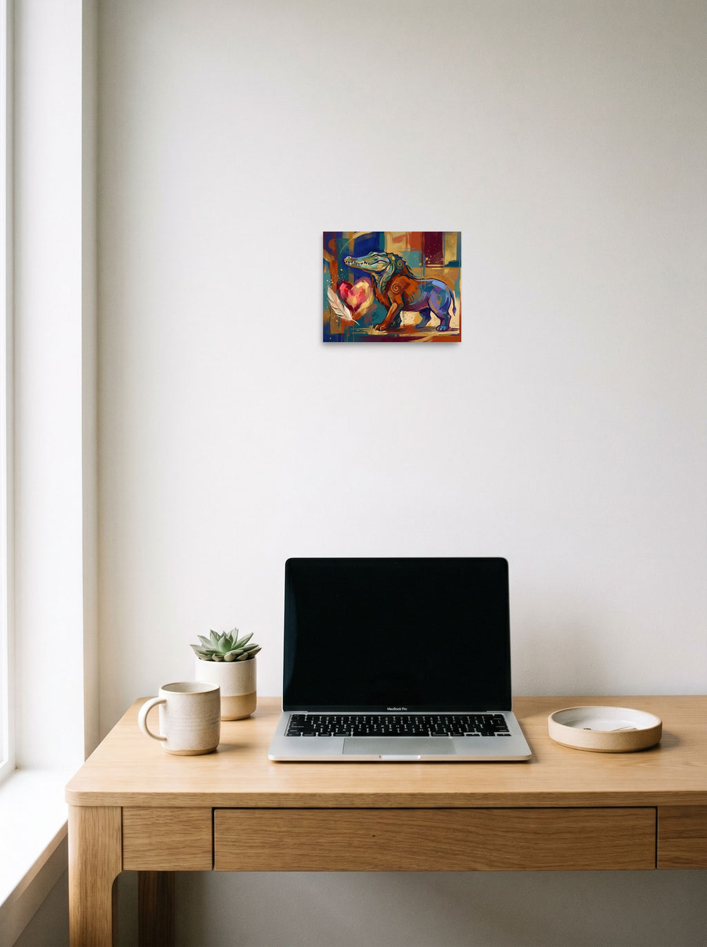 'Ammit and the Feather' in 10x8 inch unframed paper, displayed over a compact desk setup.