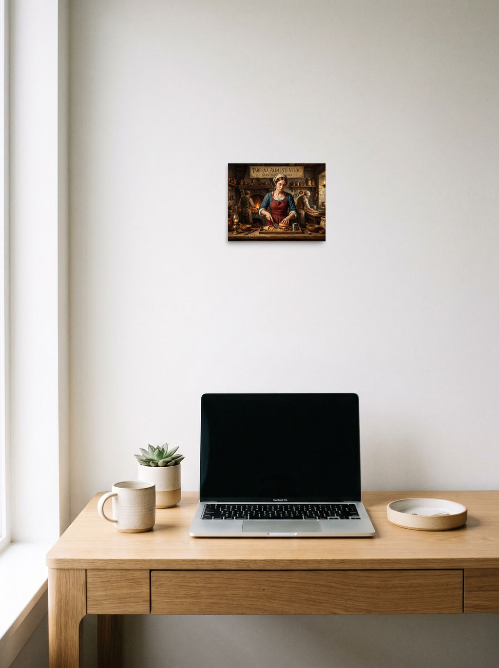 'Taberna Alimenti Veloci', a Renaissance print hanging above a worktable with a laptop. Shown as unframed paper, 10x8 inch.