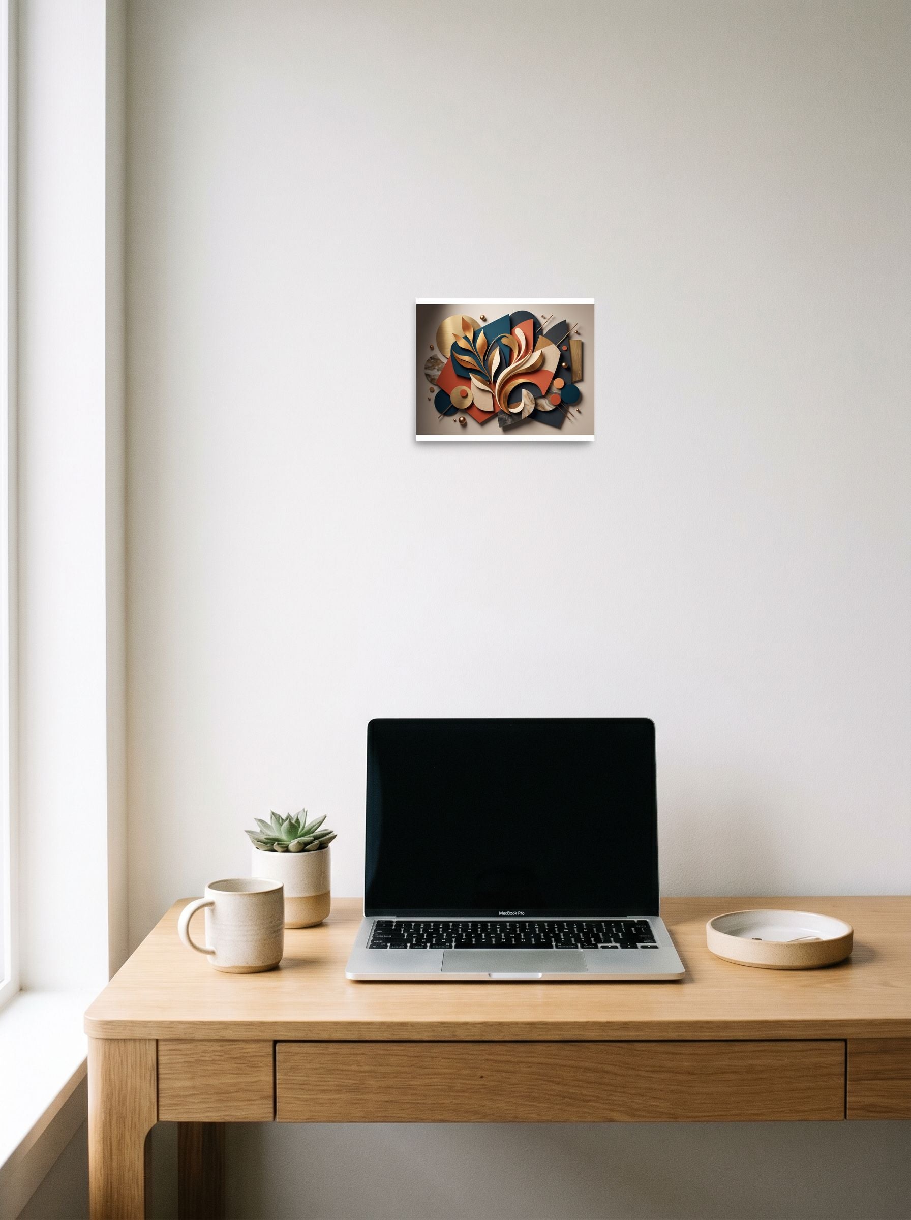 'Botanical Relief in Gold and Teal' in 10x8 inch unframed paper, hanging above a worktable with a laptop.