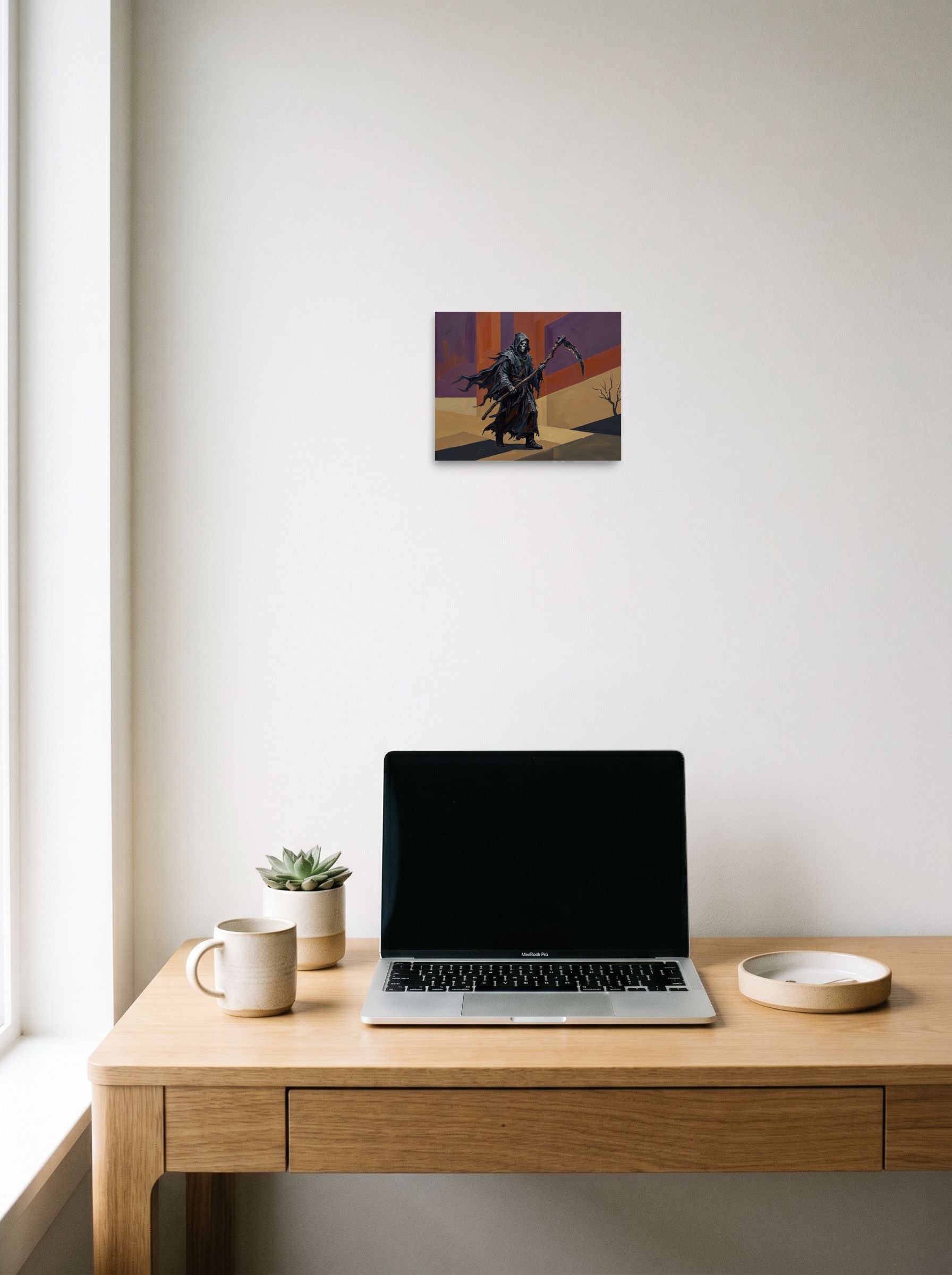 Mockup of 'Passage of the Reaper' as a 10x8 inch unframed paper print, displayed over a compact desk setup.