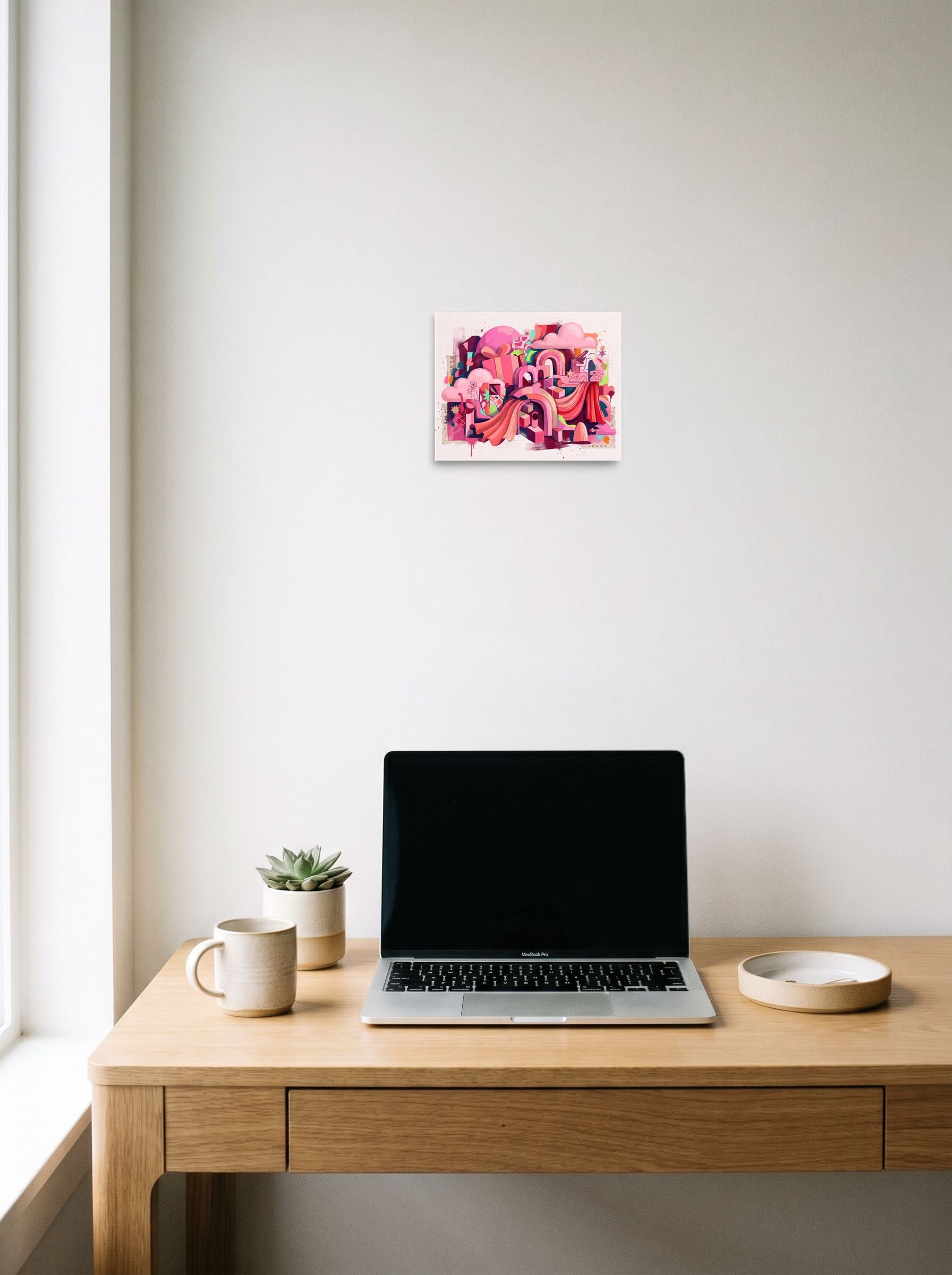 10x8 inch unframed paper print of 'Vibrant Archways of Memory', hanging above a worktable with a laptop.