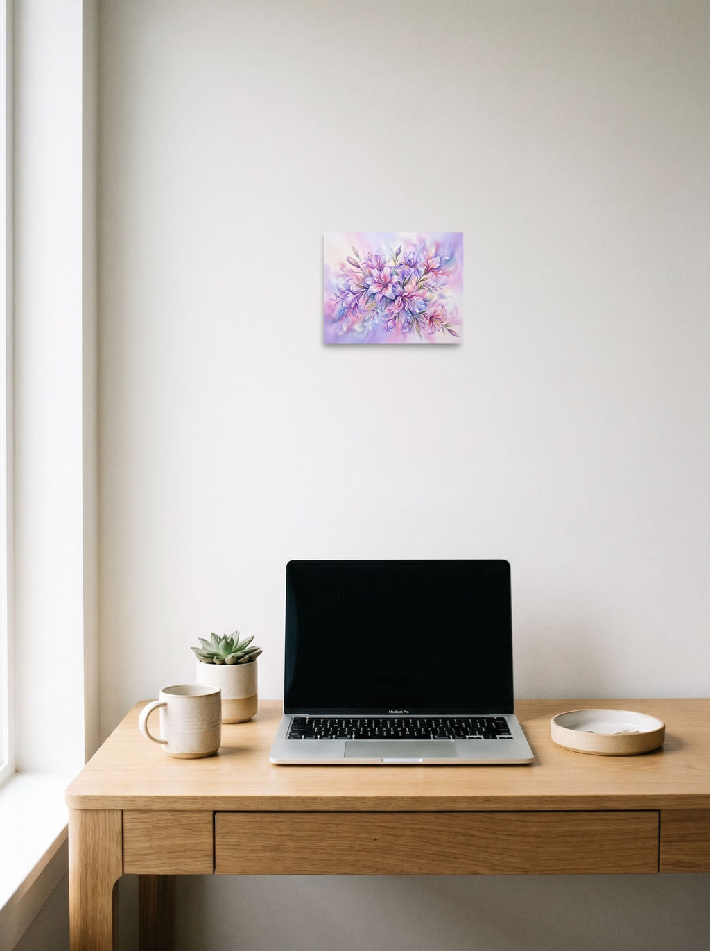 A 10x8 inch unframed paper Impressionism print of 'Pastel Petals' hanging above a worktable with a laptop.