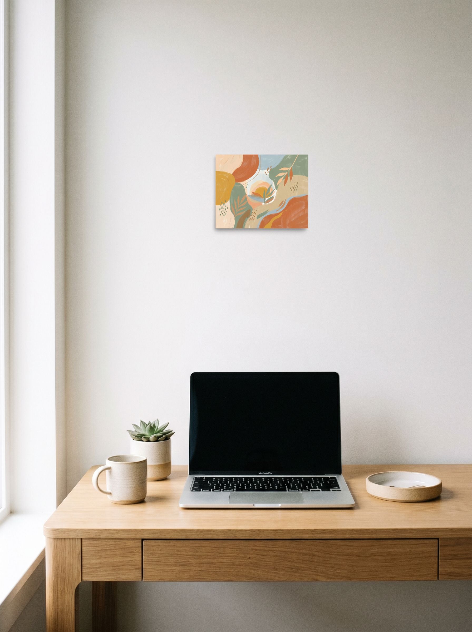 A 10x8 inch unframed paper Abstract expressionism,Minimalism print of 'Painted Sunset Oasis' hanging above a worktable with a laptop.