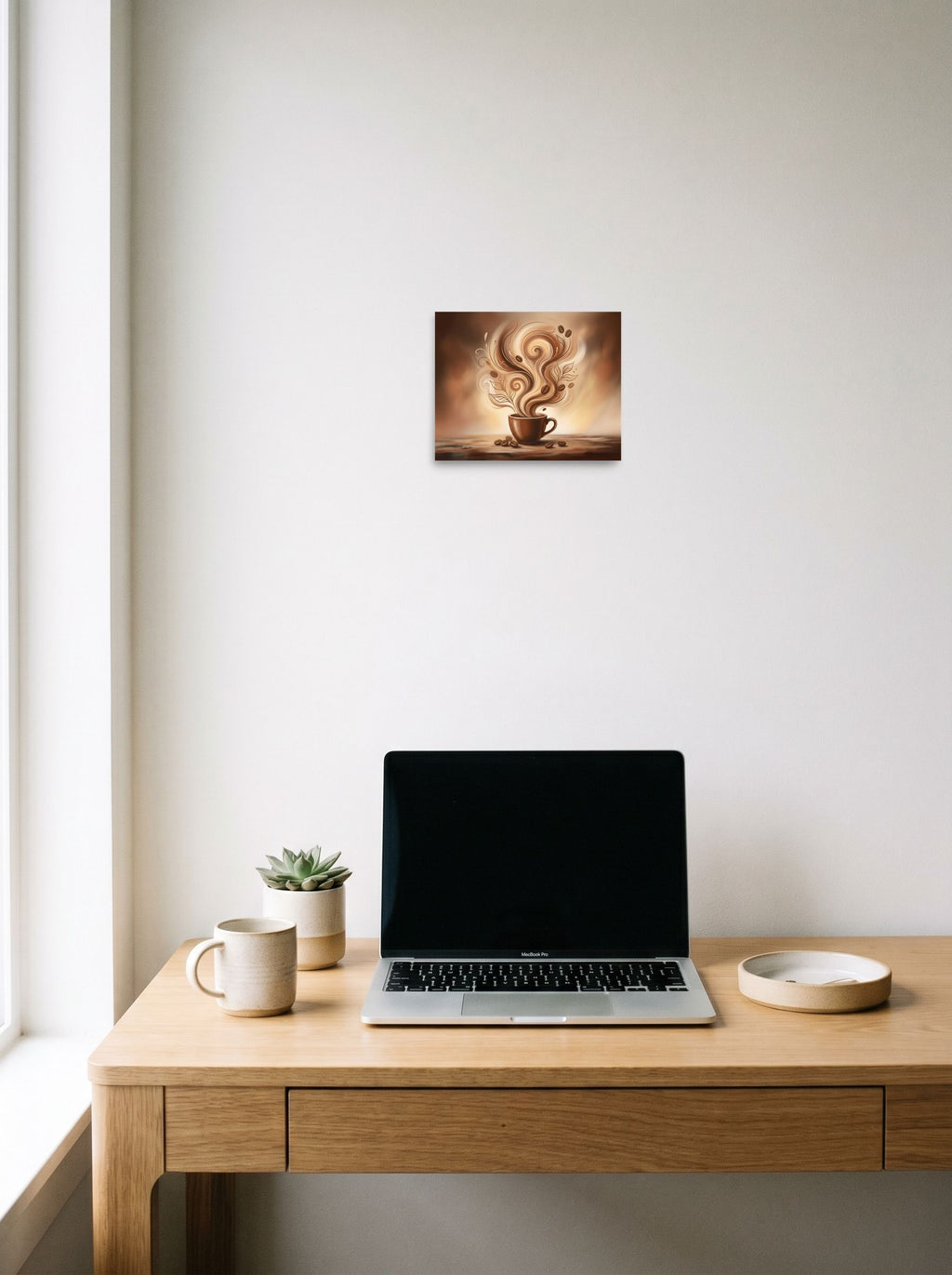 A 10x8 inch unframed paper Modernism print of 'Morning Swirl' hanging above a worktable with a laptop.