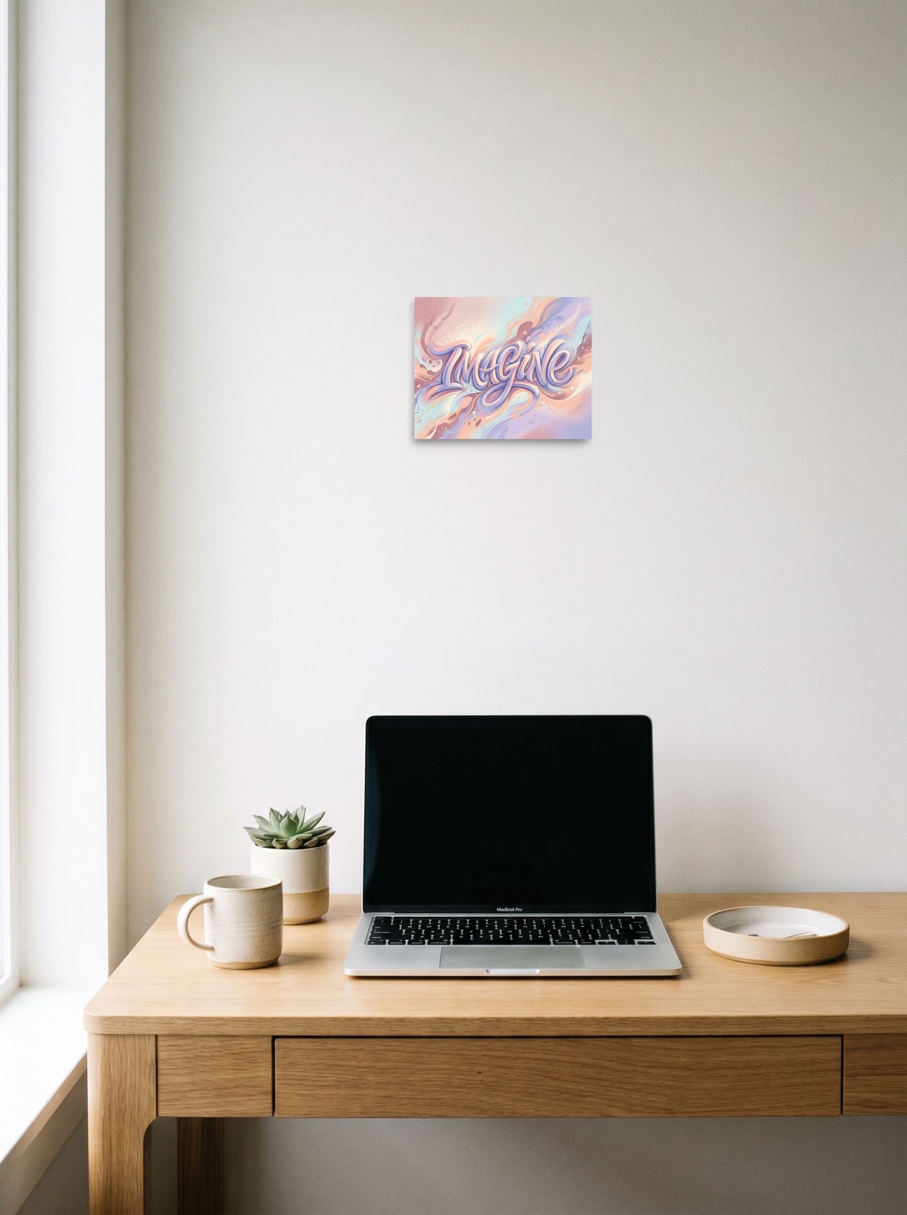 A 10x8 inch unframed paper Pop art,Abstract art print of 'Dreamer's Imagine' hanging above a worktable with a laptop.