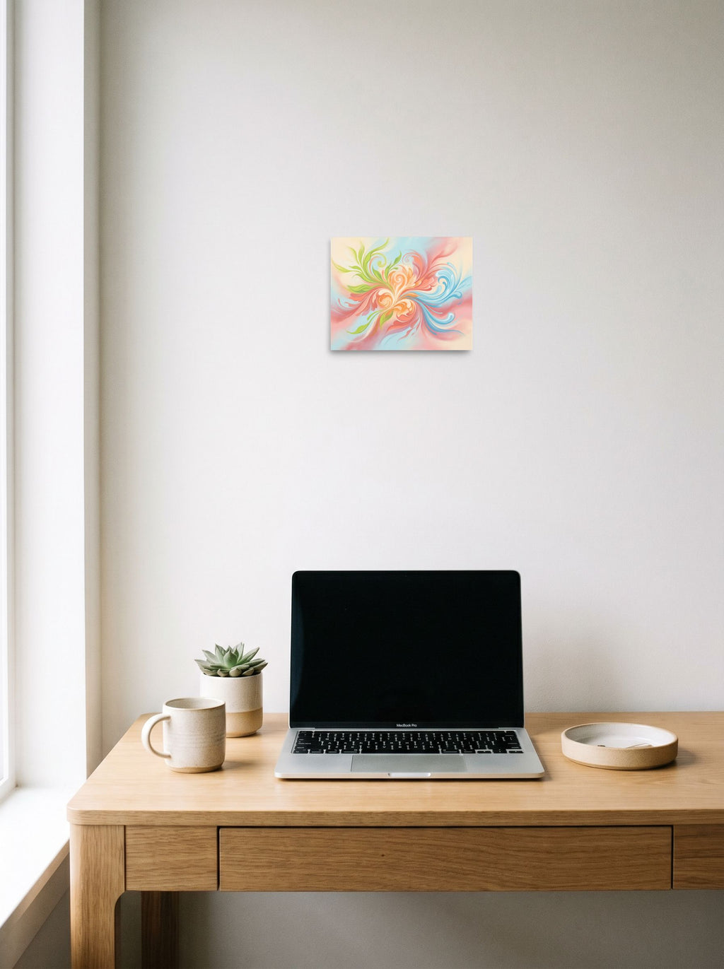 A 10x8 inch unframed paper Abstract art print of 'Whispering Zephyr' hanging above a worktable with a laptop.