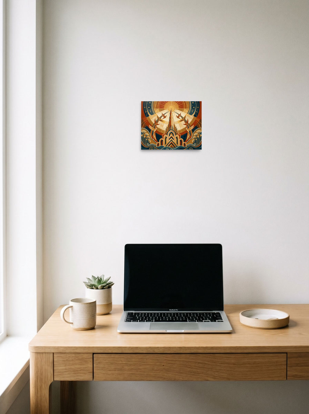 A 10x8 inch unframed paper Art Deco print of 'Deco Sunrise Flight' hanging above a worktable with a laptop.