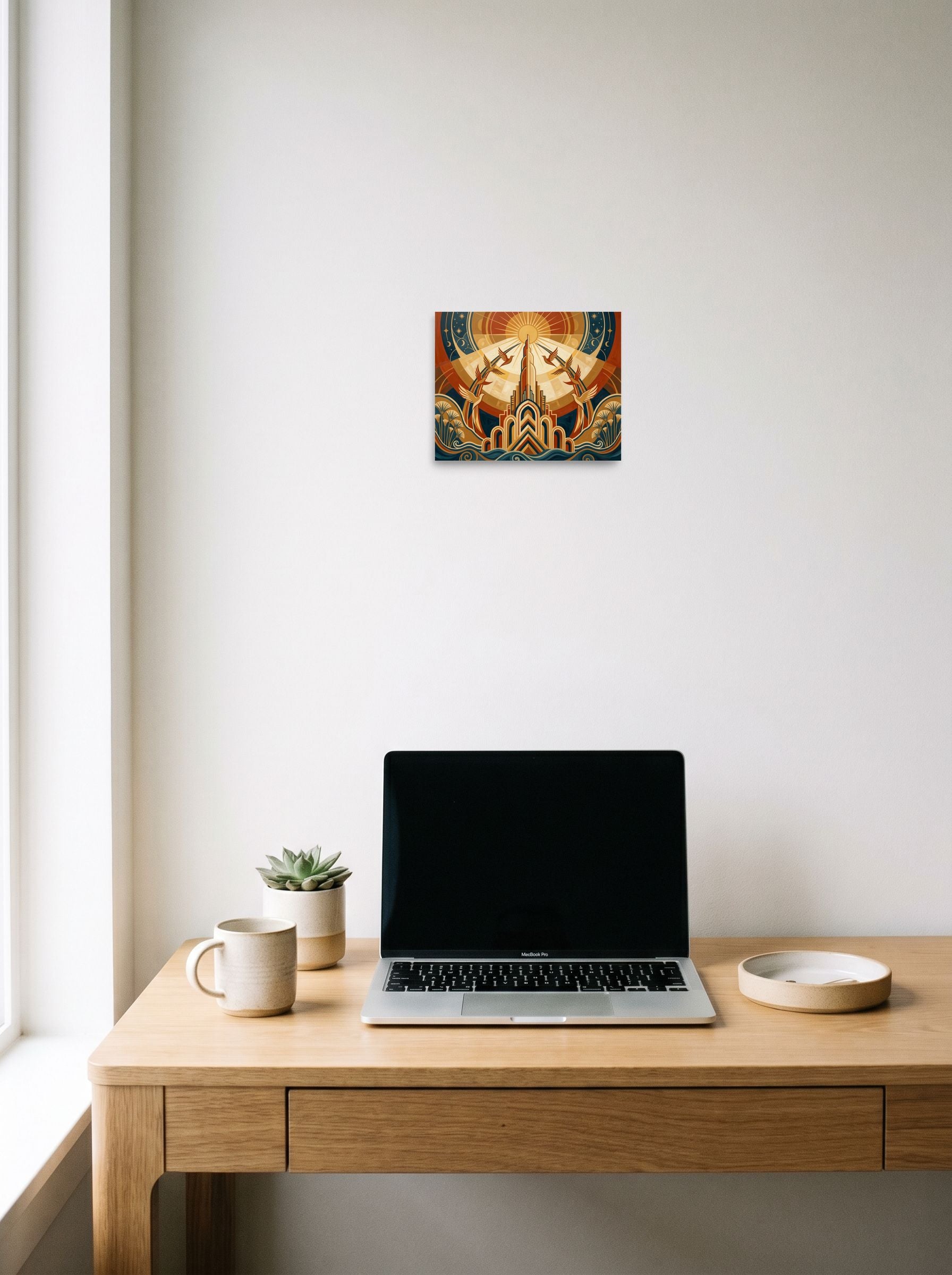 A 10x8 inch unframed paper Art Deco print of 'Deco Sunrise Flight' hanging above a worktable with a laptop.