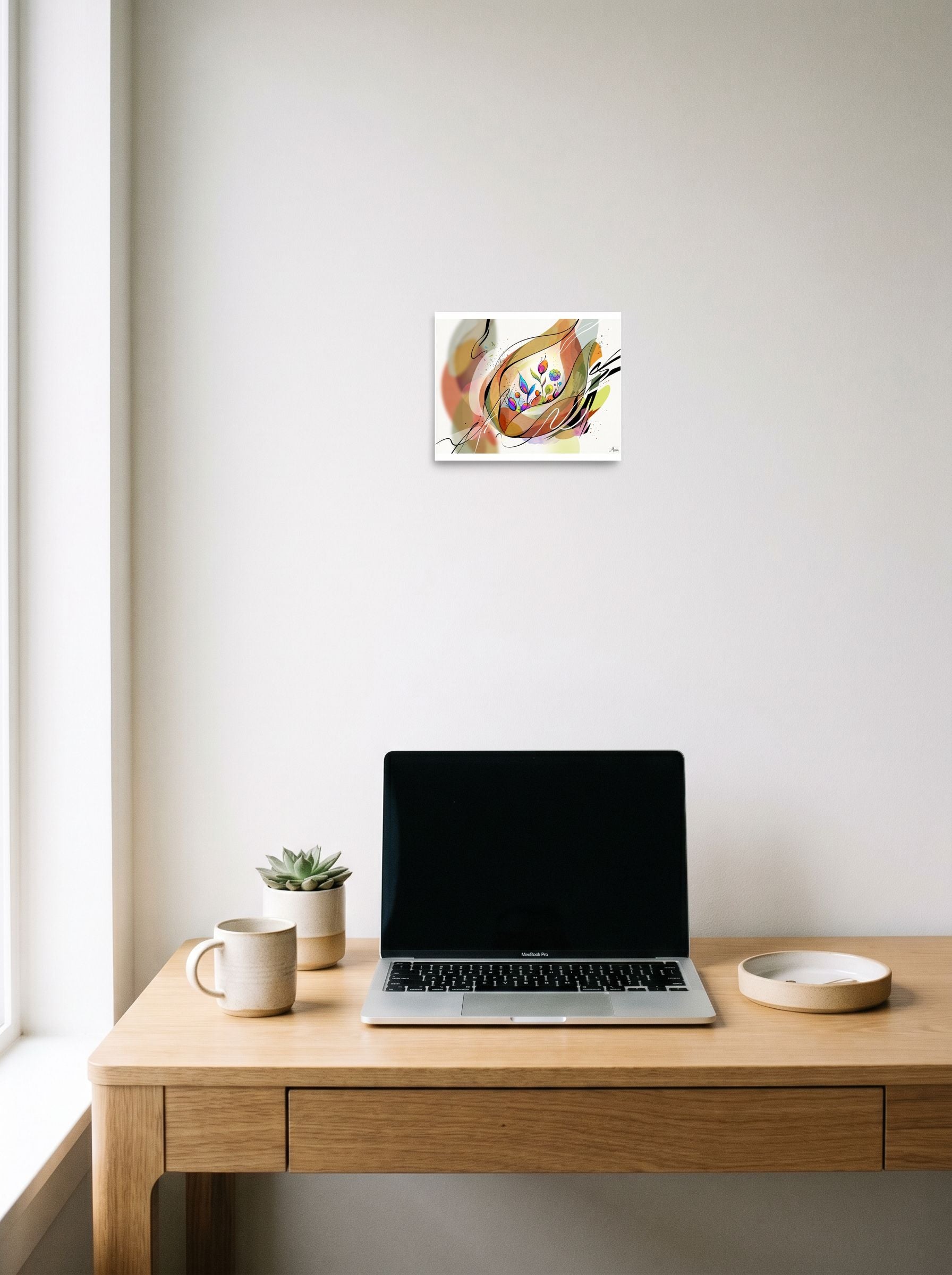 The Lyrical abstraction print 'Lyrical Blooms in Warm Light', 10x8 inch unframed paper, displayed over a compact desk setup.