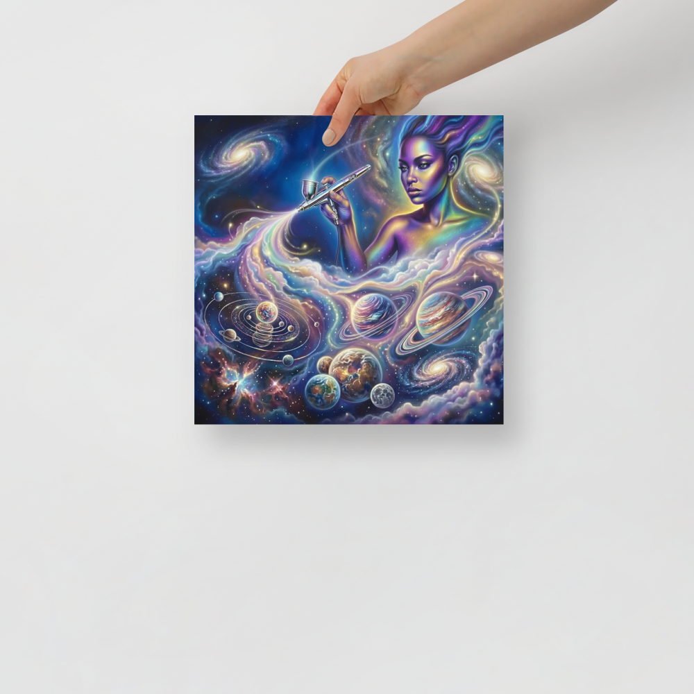'The Cosmic Painter' — a Space art print. A glowing, ethereal woman painting planets and galaxies into a vibrant cosmic sky using an airbrush, a stunning focal point for a Bedroom.