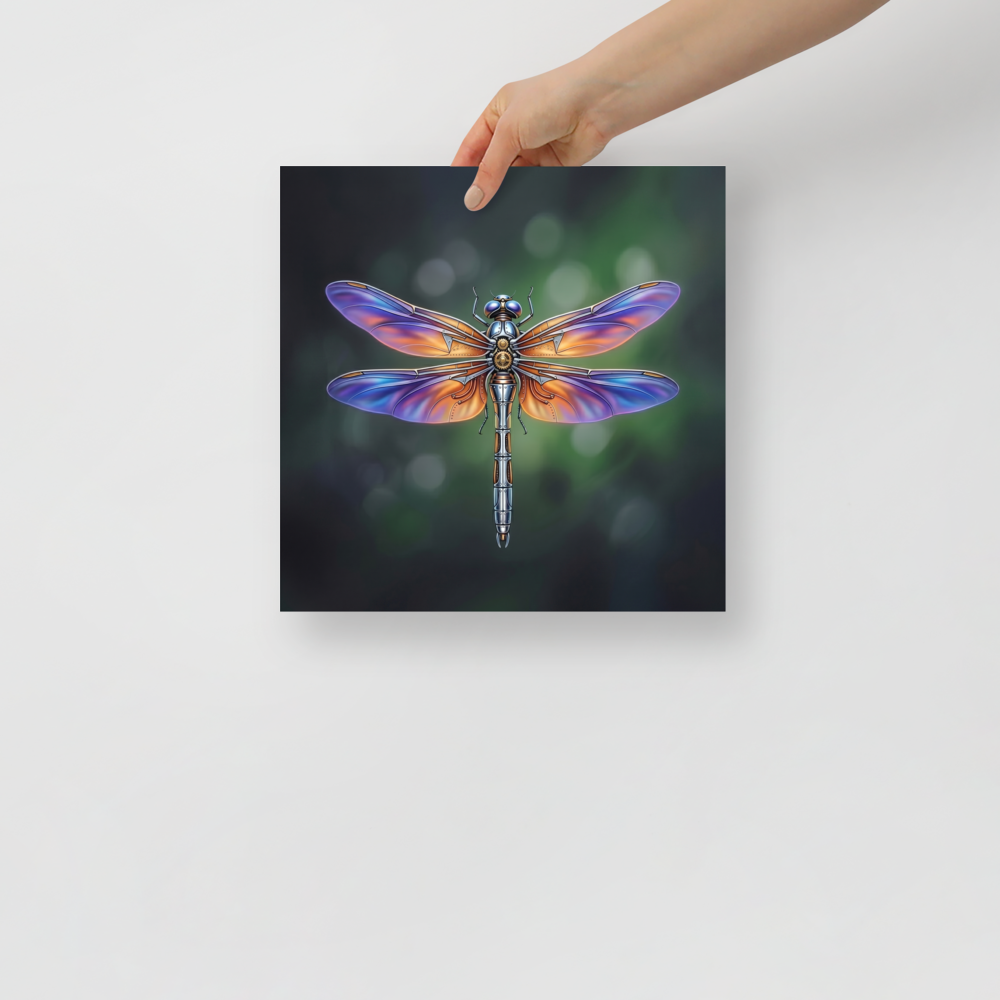 'Gears of the Dragonfly' — a Surrealism print. A highly detailed mechanical dragonfly with glowing purple and orange wings and brass gears on its back, set against a dark green background, perfect for a Living Room.