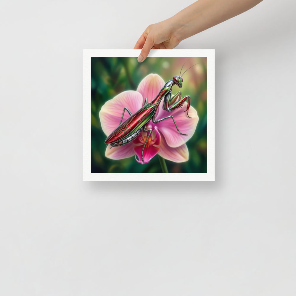 'Chrome Mantis' — a Surrealism print. A vibrant illustration of a metallic praying mantis painted like a hot rod in cherry red and chrome sitting on a pink orchid, perfect for a studio.