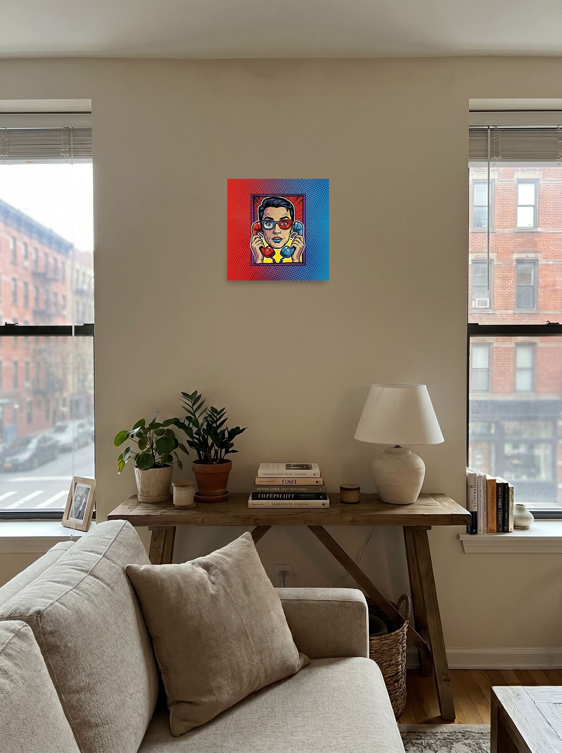 A 12x12 inch unframed paper Pop art print of 'Bipartisan Static' displayed in the center of a living room.