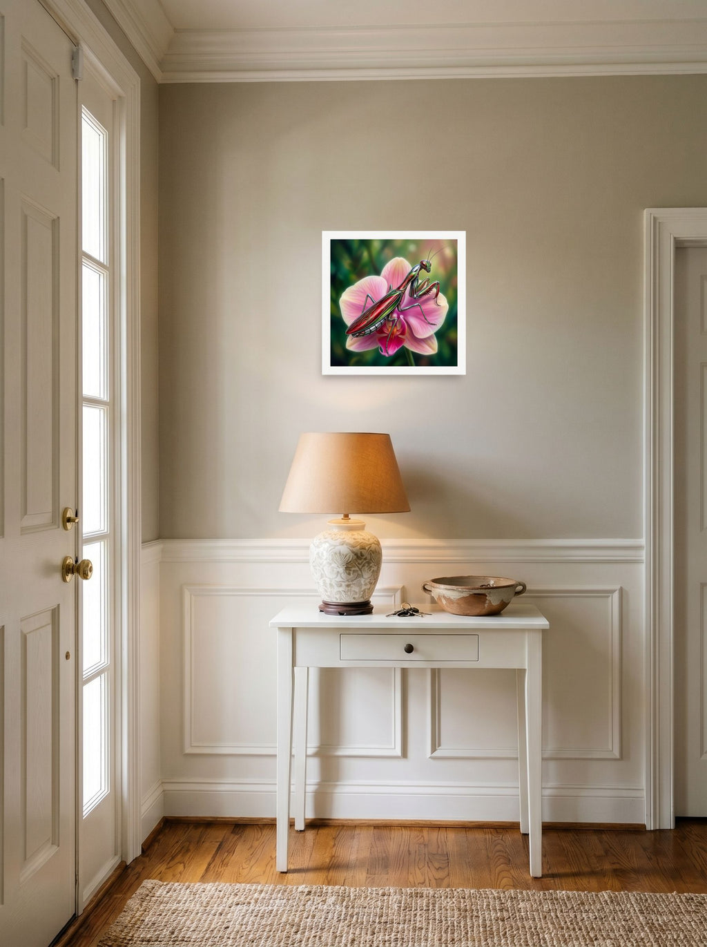 A 12x12 inch unframed paper Surrealism print of 'Chrome Mantis' hanging in an entryway near a console.